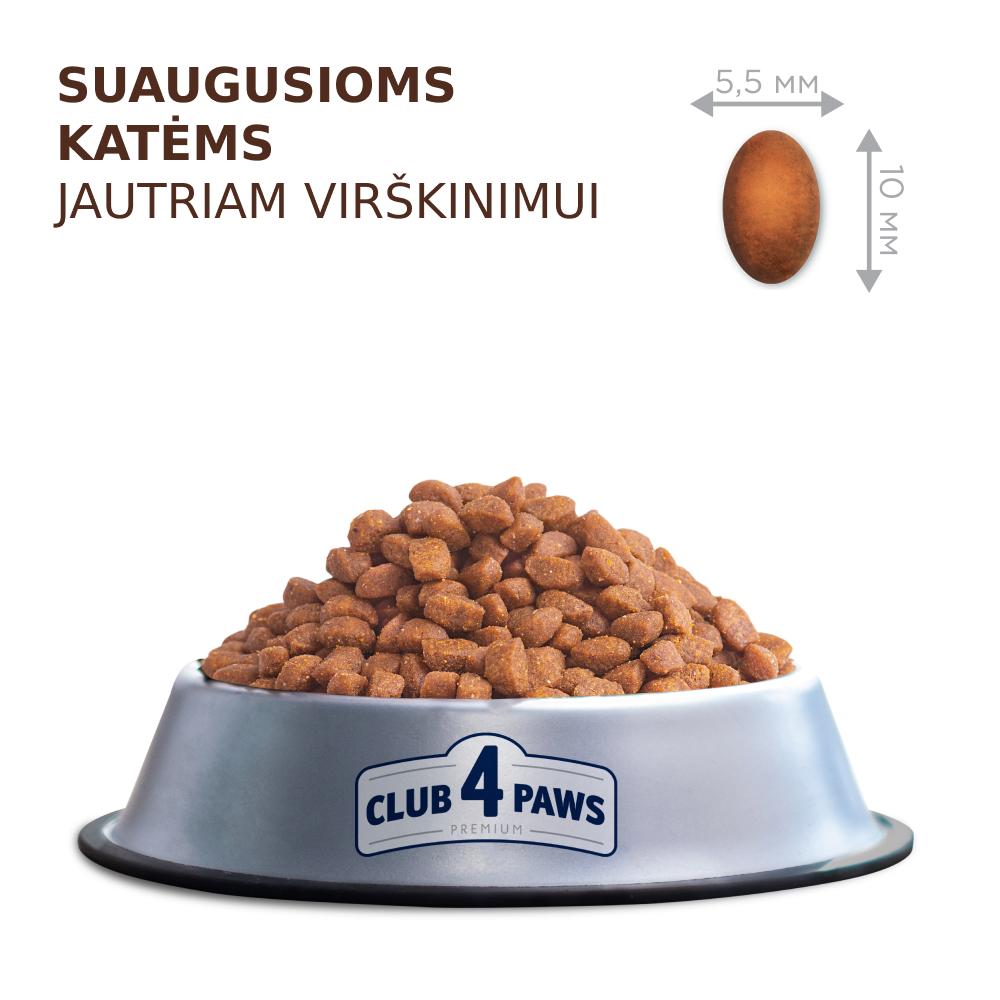 CLUB 4 PAWS Premium jutīgam gremošanas traktam. Pilnvērtīga barība pieaugušiem kaķiem