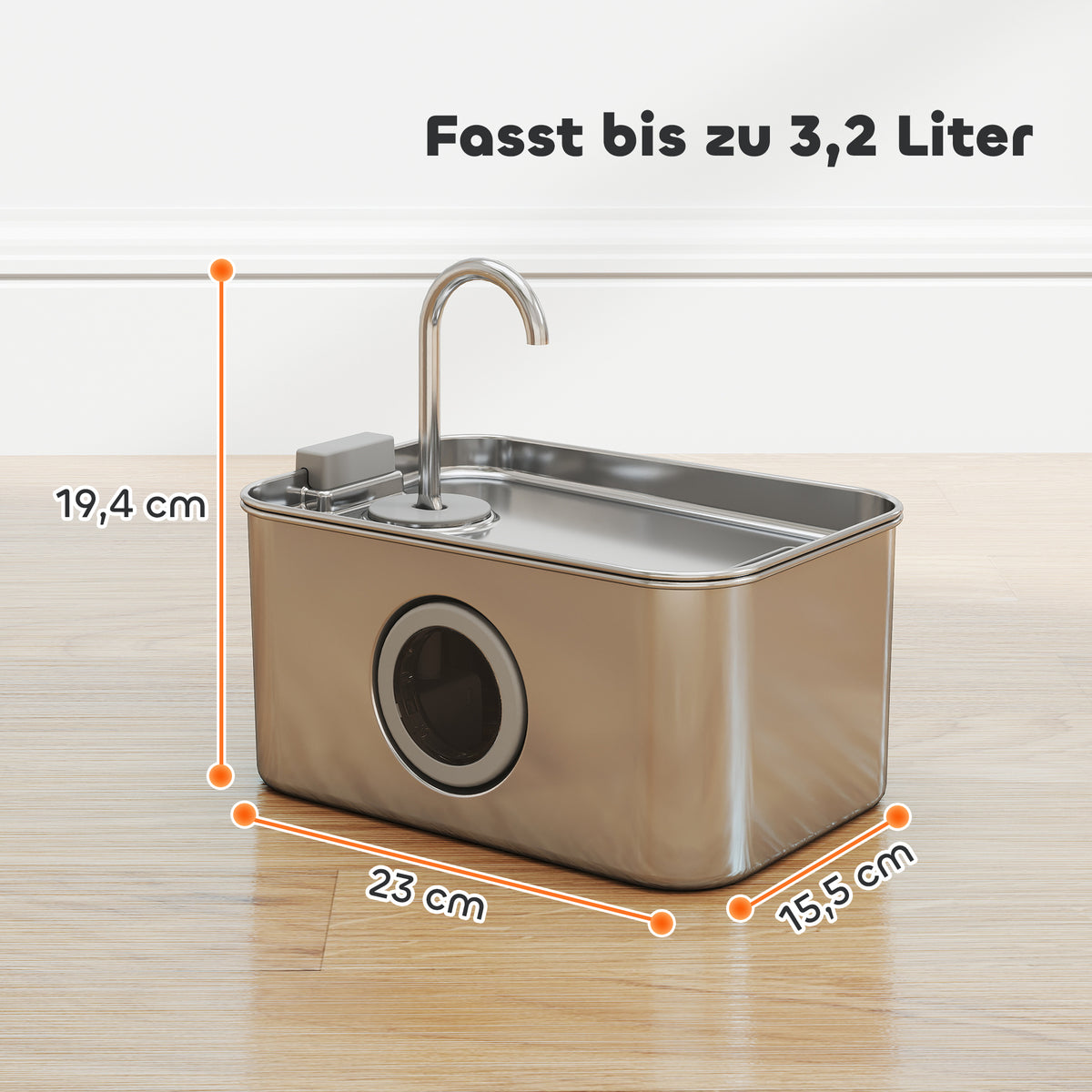 Gertuvė-fontanėlis katėms 3,2 l, nerūdijančio plieno, su tylia pompa, filtru ir LED, sidabrinė