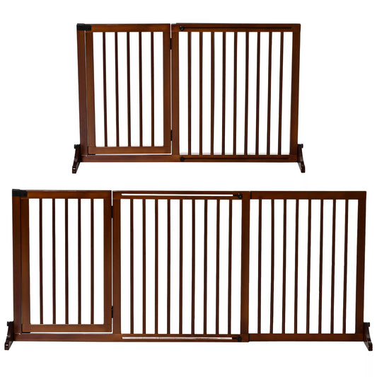 Suņu drošības barjera, durvju drošības režģis, koka drošības režģis, brīvi stāvošs suņu režģis ar durvīm, suņu bloķēšanas režģis, konfigurējams režģis kamīnam un krāsnij, brūns, 113-166 x 36 x 71 cm