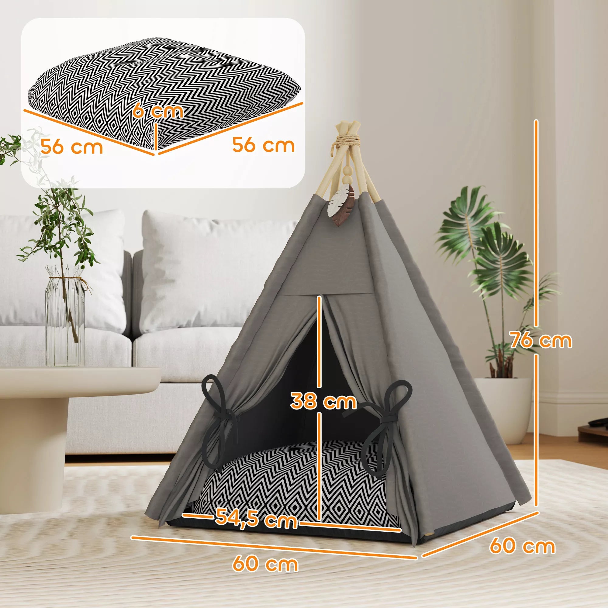 Tipi telts mājdzīvniekiem, Tipi dizaina mājdzīvnieku gulta, Kaķu telts ar spilvenu, Suņu gulta gulēšanai, Kaķu gulta, Pelēka