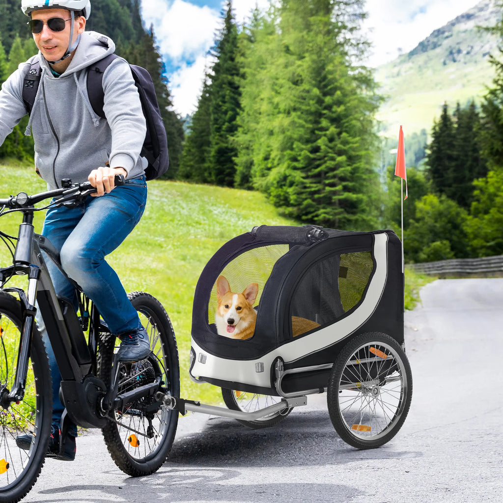 Dviračio priekaba šunims iki 20kg, tinklelio langas, suvyniojama danga, universali jungtis Balta+Juoda