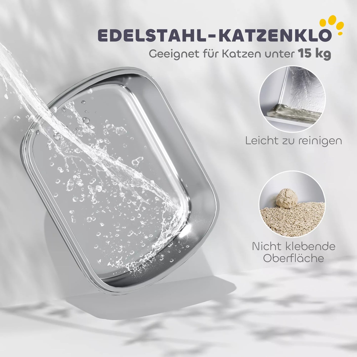 Nerūdijančio plieno tualetas didelėms katėms, vonelė su aukštu kraštu ir samteliu, plienas, 53 x 42 x 27 cm, anglies pilka