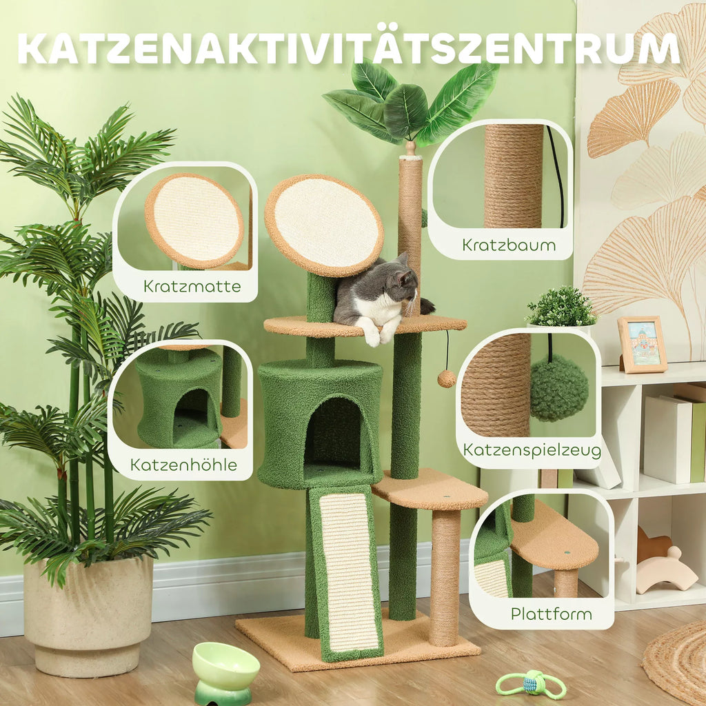 Aukšta kačių draskyklė-medis su nameliu ir platformomis, 139 cm (žalia)