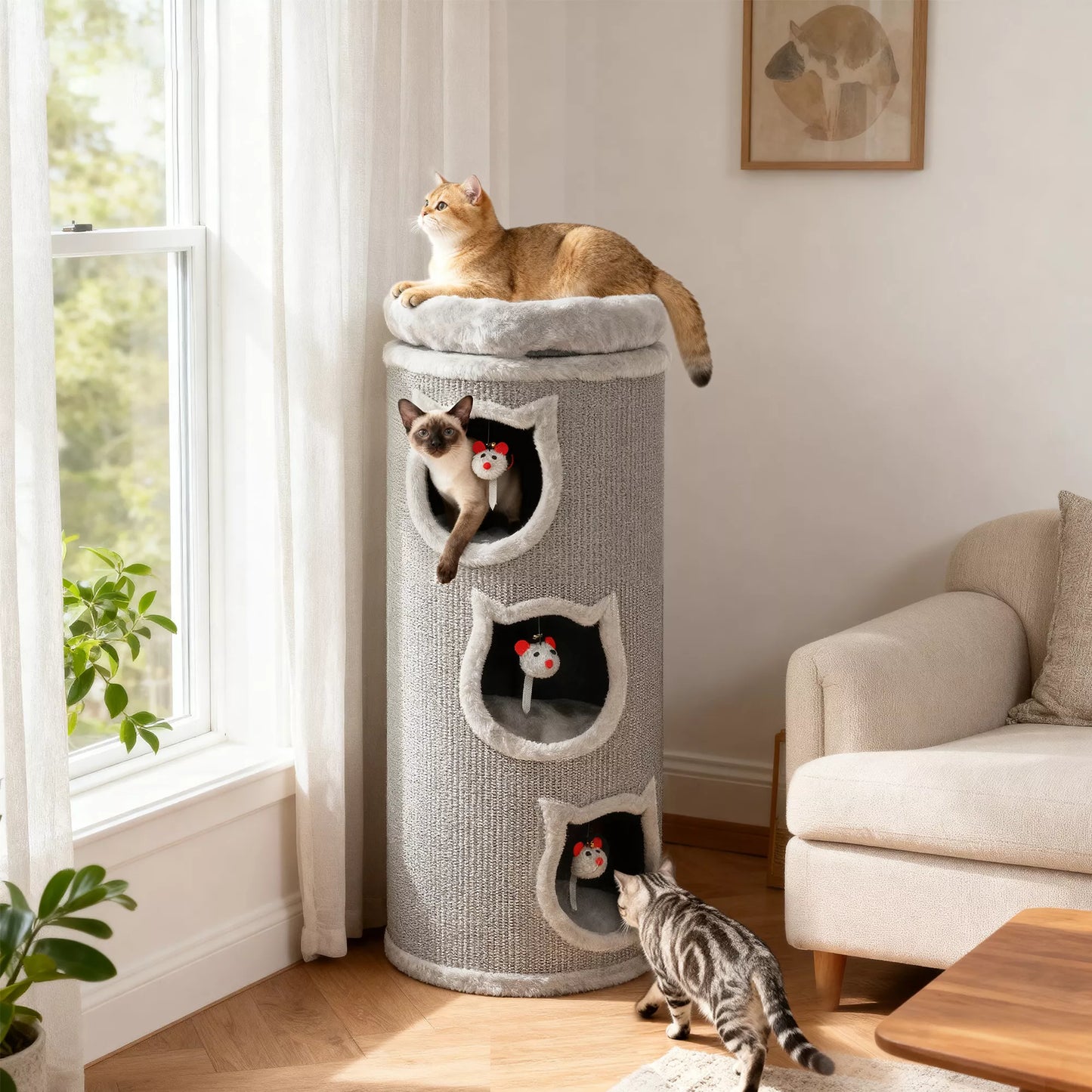 Katilinės draskyklė, 96 cm, 4 lygių katės bokštas su skalbiamu guoliu, 3 miegamosios olos, kabantys žaislai, daugeliui kačių, pilka