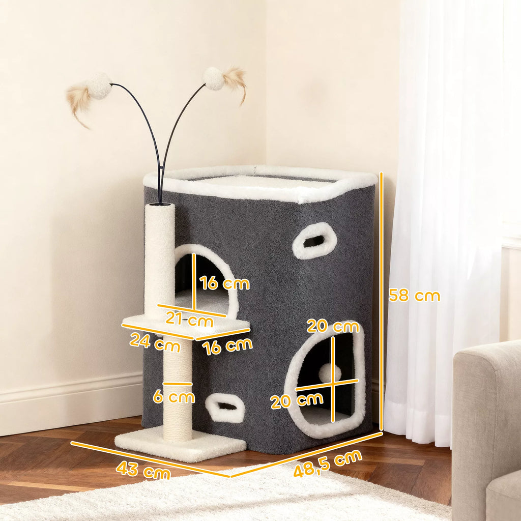 Kačių draskyklė, viršutinė poilsio zona, 2 aukštų namelis, sisaliniai stulpeliai, pilka