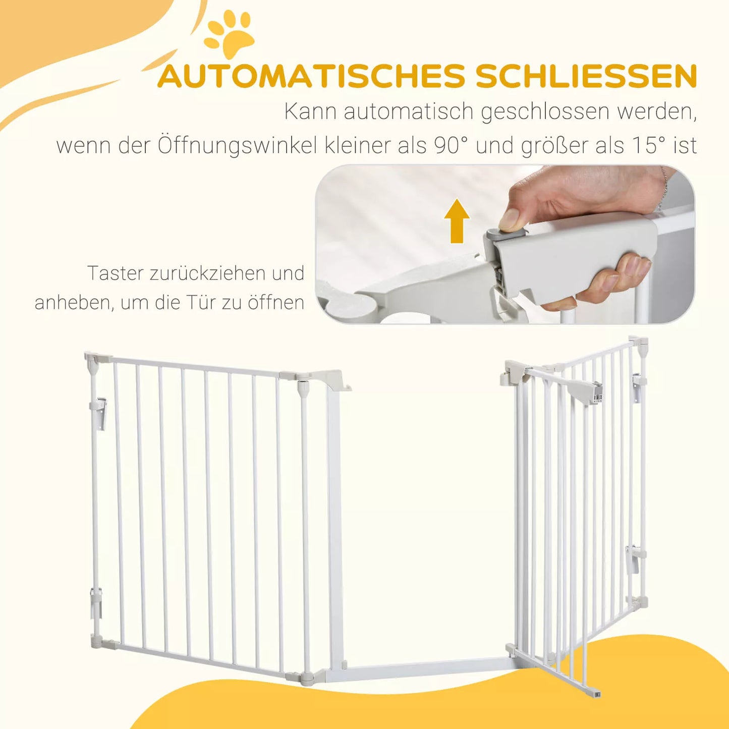 Šunų barjeras, laisvai pastatomas apsauginis gardelis 180 x 74,5 cm, sulankstomas šunų gardelis, durų apsauginis barjeras, laiptų gardelis, šunų atskyrimo gardelis laiptams, durims, virtuvei, koridoriui, 3 paneliai, baltas