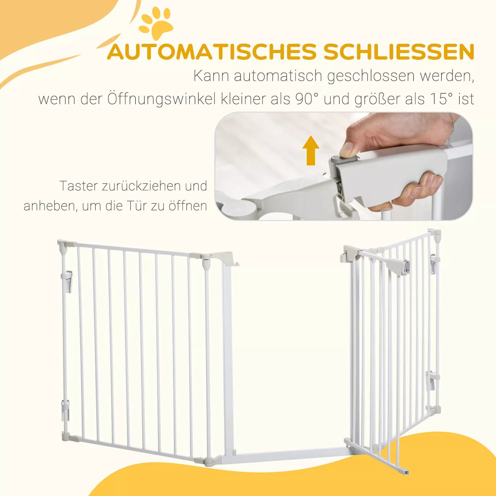 Šunų barjeras, laisvai pastatomas apsauginis gardelis 180 x 74,5 cm, sulankstomas šunų gardelis, durų apsauginis barjeras, laiptų gardelis, šunų atskyrimo gardelis laiptams, durims, virtuvei, koridoriui, 3 paneliai, baltas