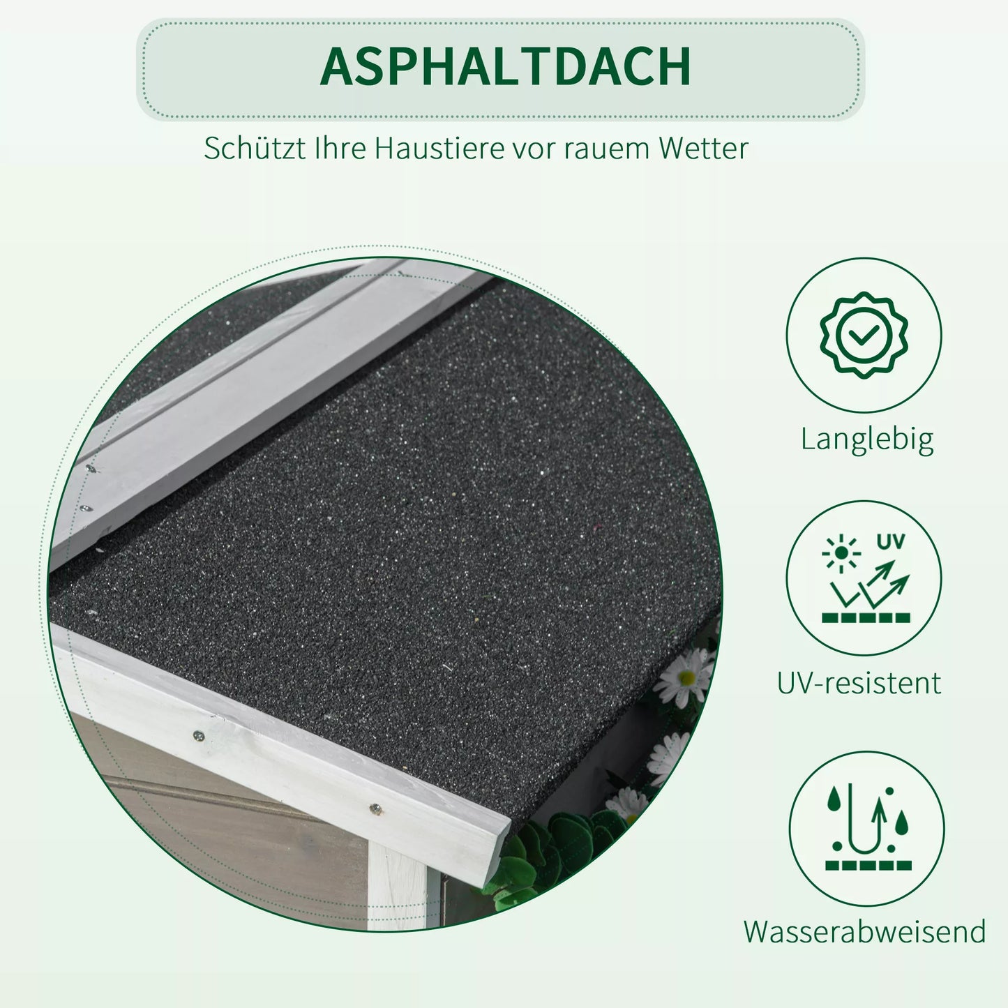 Medinis kačių namelis su terasa ir bituminiu stogu, lauko namas katėms, 115x66,5x74,7 cm, pilkas/baltas