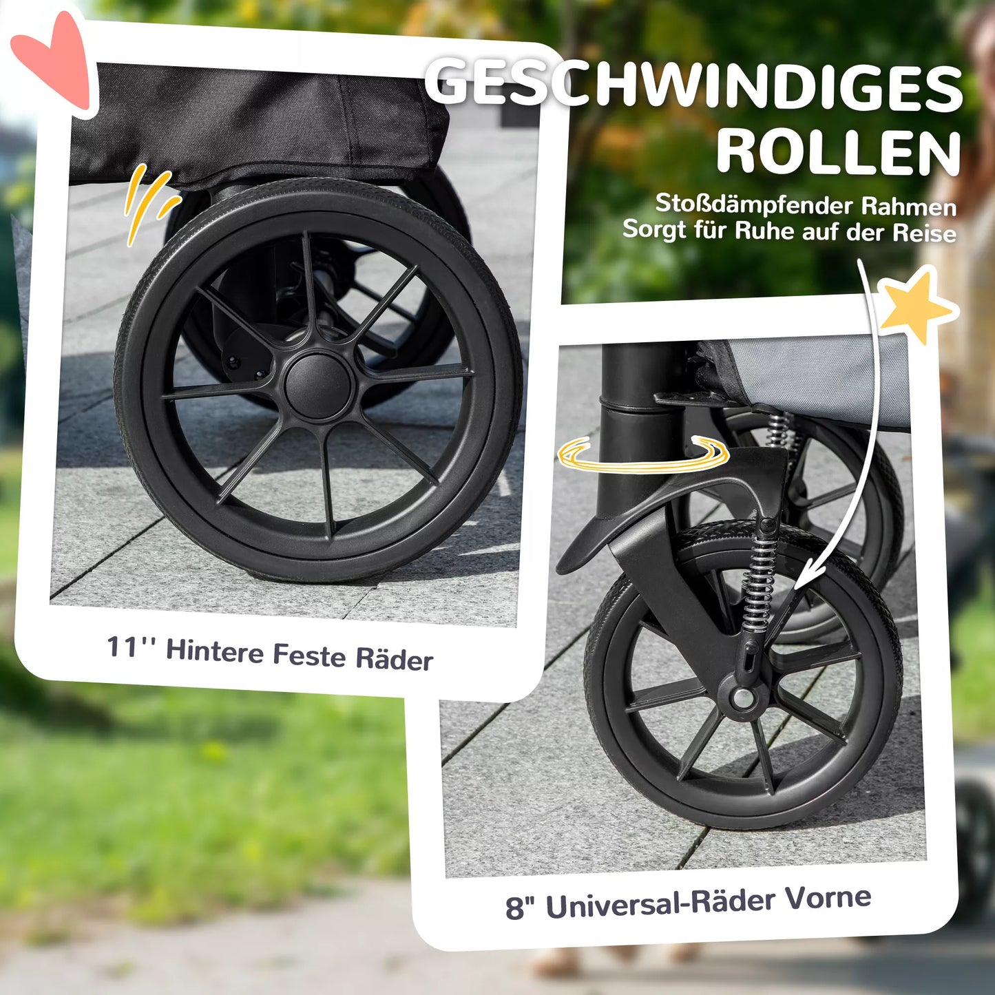 Suņu ratiņi, saliekami ratiņi lieliem suņiem, mājdzīvnieku ratiņi ar 4 riteņiem, drošības jostām, bremzēm, pelēki