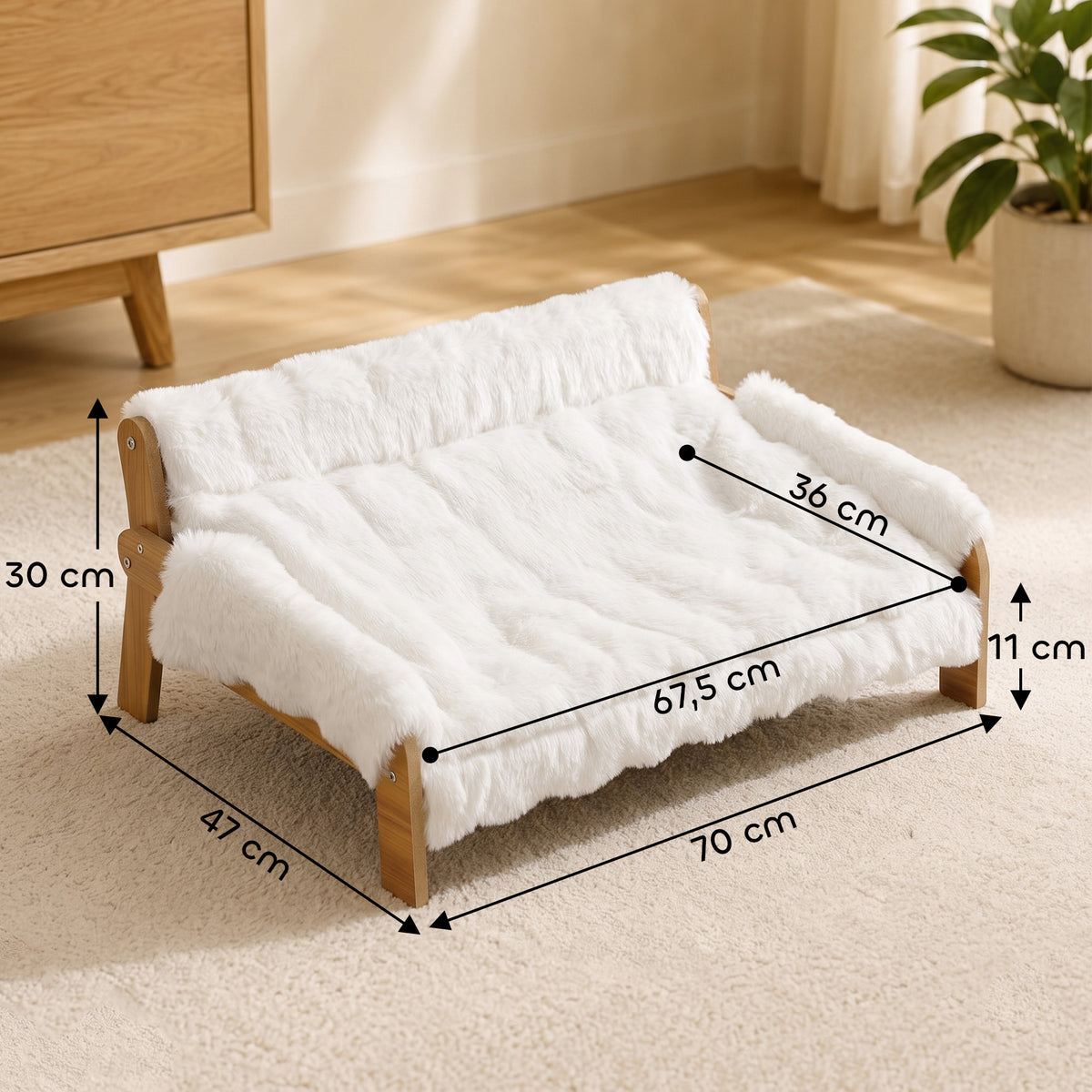 Paaukštinta sofa-guolis katėms ir mažiems šunims, 70x47x30 cm, su nuimamu užvalkalu, katėms iki 8 kg, balta
