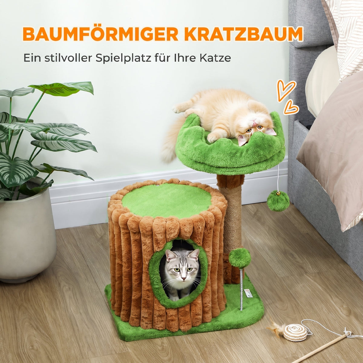 Draskyklė 53 cm medžio formos su nameliu, guoliu ir 2 kamuoliukais, 1–2 katėms iki 5 kg, ruda su žalia
