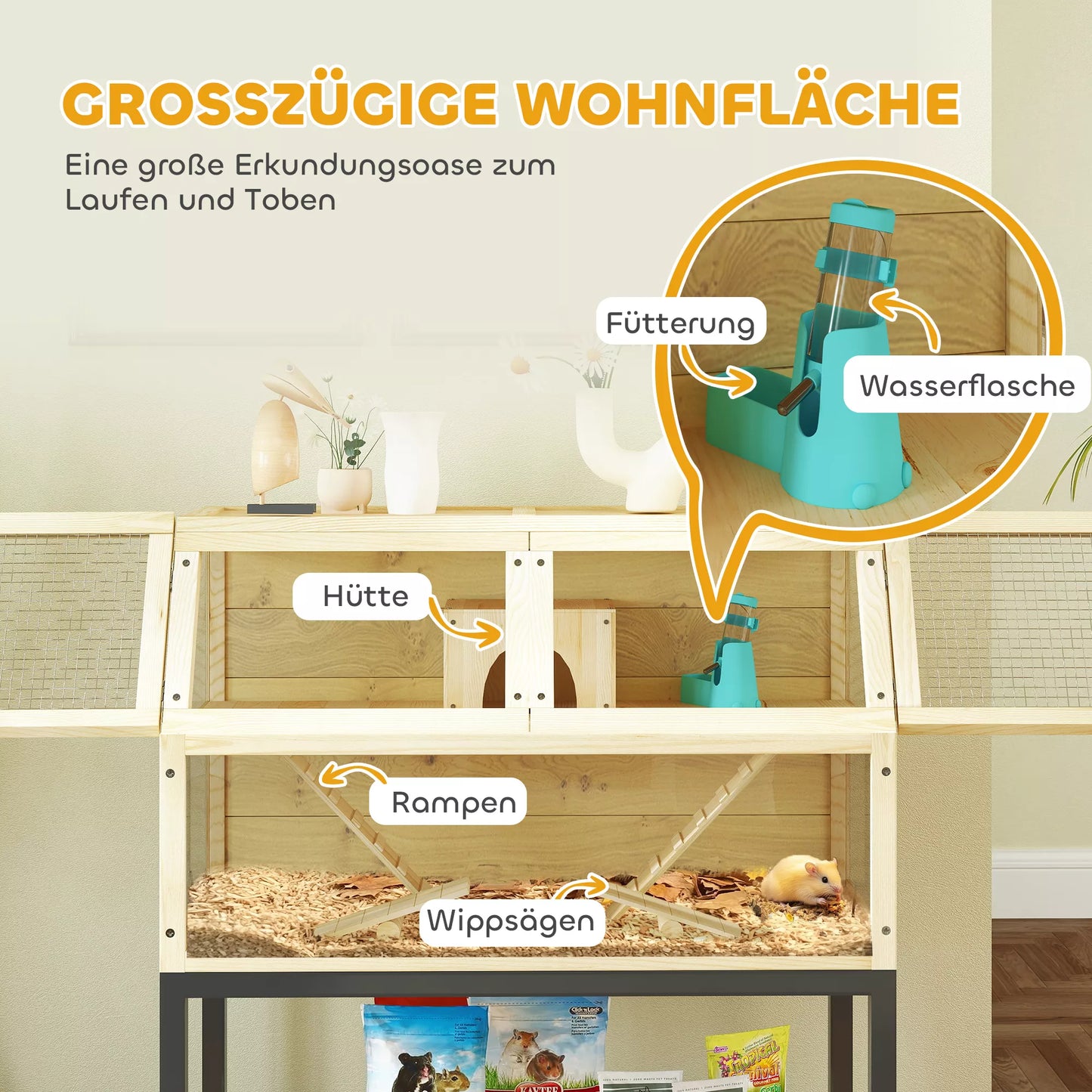 Medinis narvelis nykštukiniams žiurkėnams su laikymo skyriumi, ratukais, rampomis, vandens buteliuku, nameliu, sūpynėlėmis, 87 x 43 x 101cm