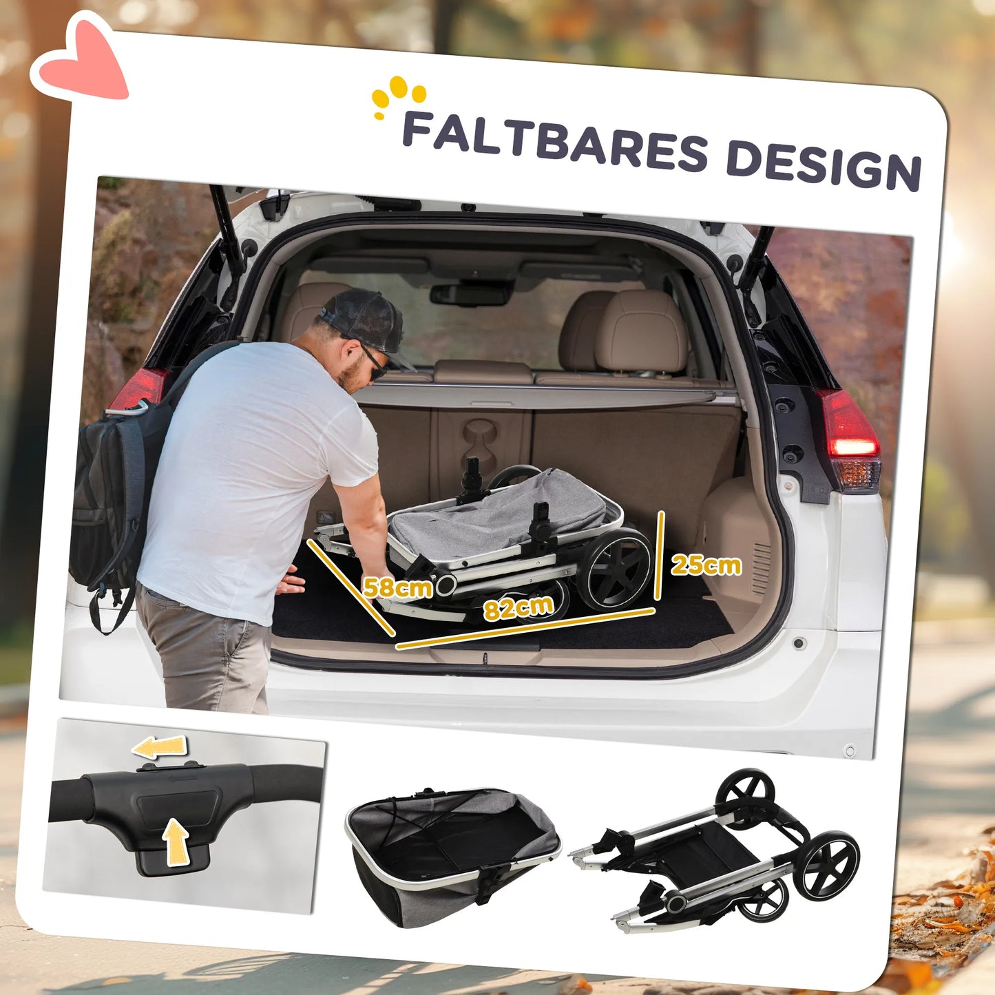 Šunų vežimėlis iki 10 kg, sulankstomas, su rankine ir apatiniu krepšiu, 83 cm x 58 cm x 102 cm, šviesiai pilkos spalvos