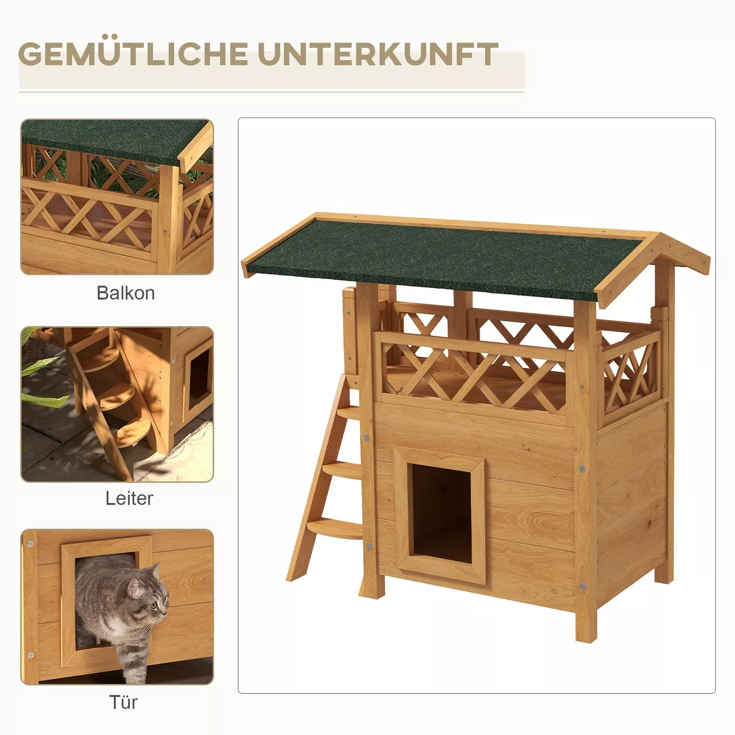 Katės namelis, augintinio būdelė, su asfaltiniu stogu, 2 lygiai, 1 laiptelis, natūralus + žalias