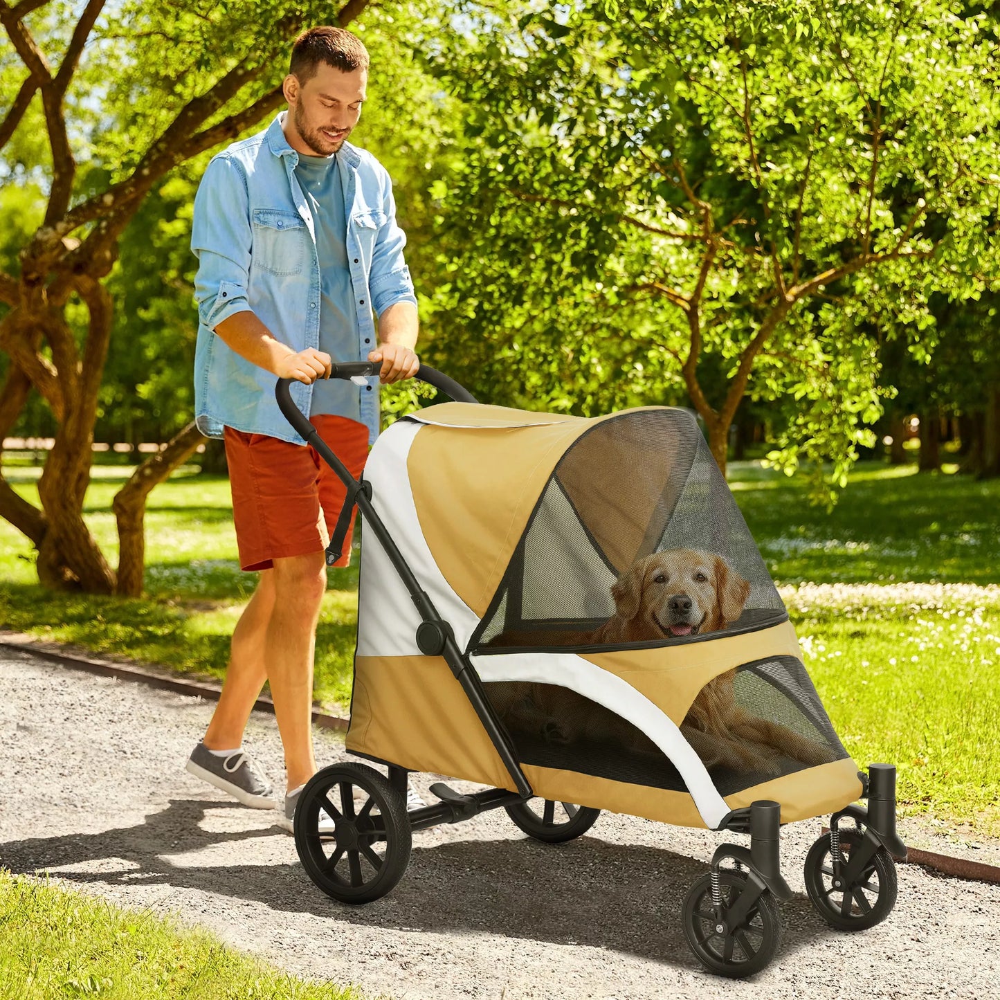 Šunų vežimėlis, sulankstomas šunų vežimėlis dideliems šunims, keturratis naminių gyvūnų vežimėlis, saugos dirželiai, stabdžiai, rudos spalvos