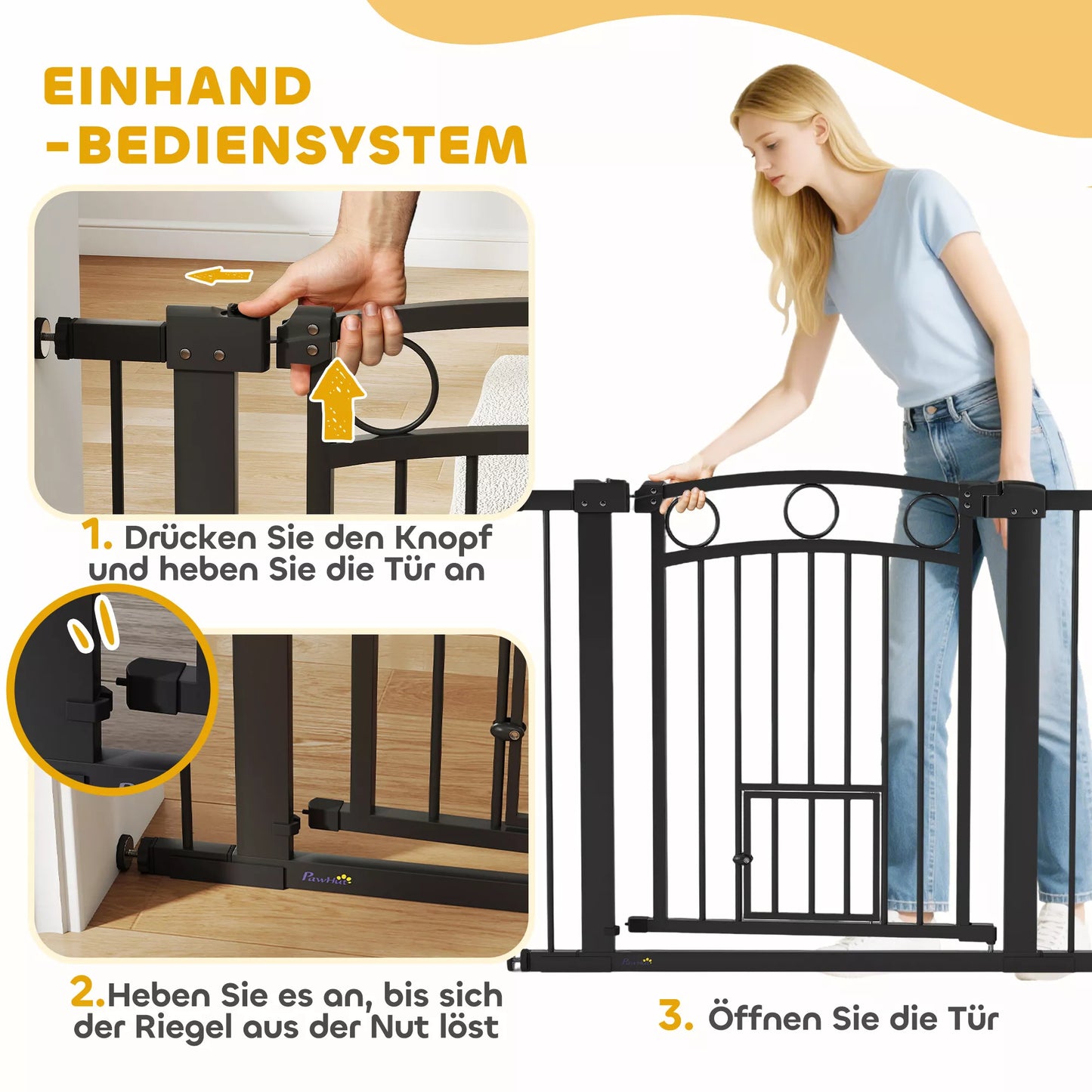 Mājdzīvnieku vārtiņi, 77 cm Kāpņu vārtiņi, regulējams platums 76-104 cm, ar kaķu durvīm, kāpnēm un durvju ailēm, melni