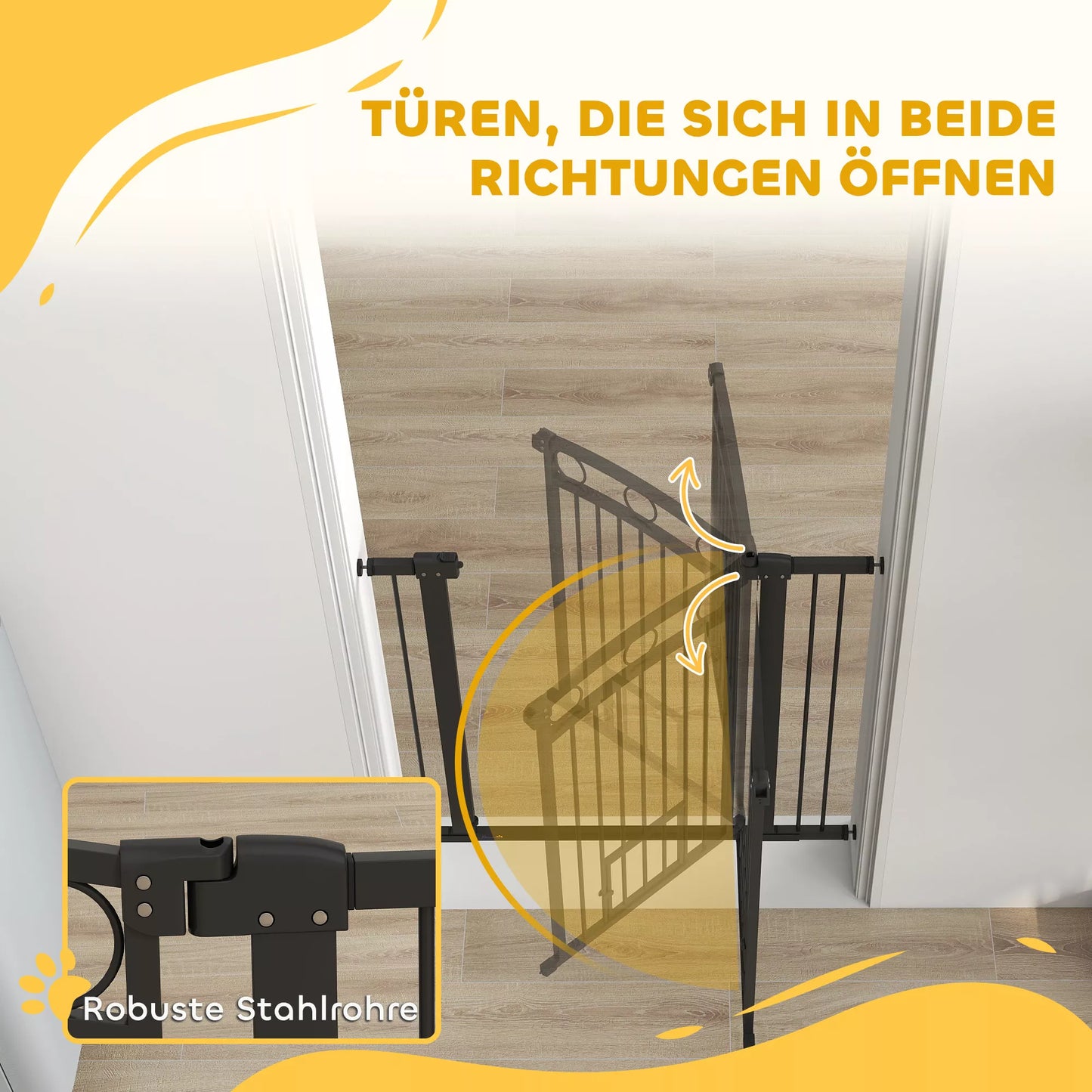 Mājdzīvnieku vārtiņi, 96 cm kāpņu drošības vārtiņi, regulējams platums 76-104 cm, ar kaķu durvīm, kāpnēm un durvju ailēm, melni