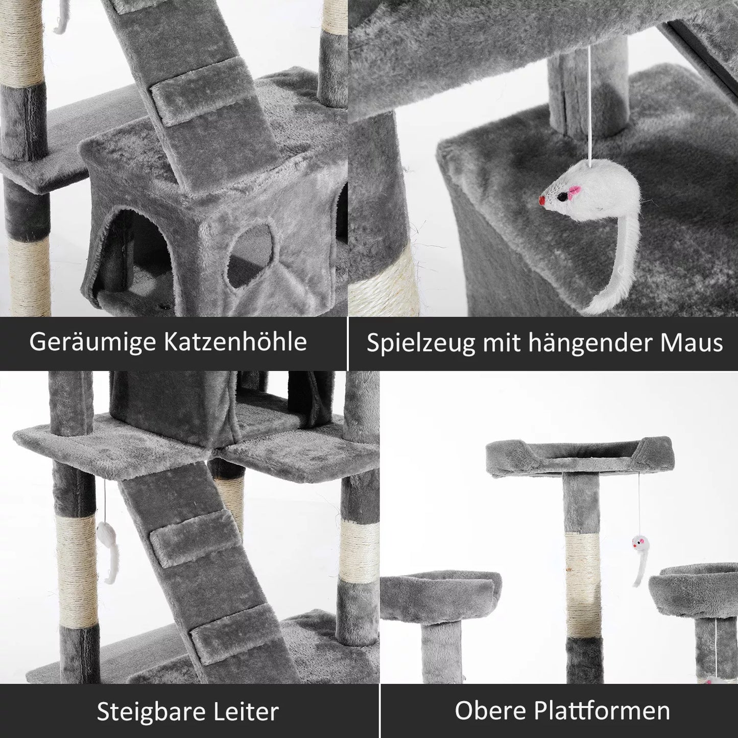 XXL kačių draskymo medis su kačių guoliu ir kopetėlėmis, daugiaaukštis daugiafunkcis pramogų centras katėms, pliušas, pilka, 49 x 49 x 173 cm