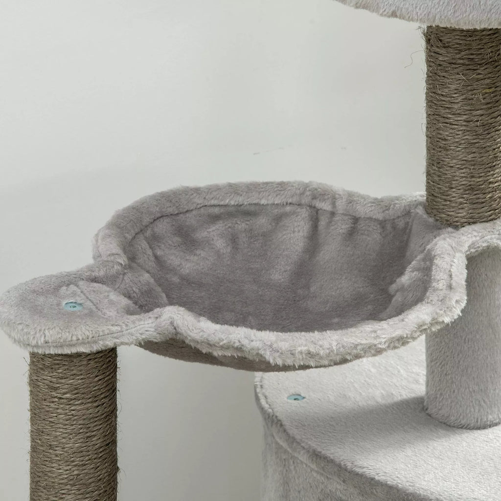 Kaķu skrāpēšanas stabs ar spilvenu, gultu, šūpuļtīklu un rotaļlietām 60 cm x 40 cm x 113 cm, gaiši pelēks
