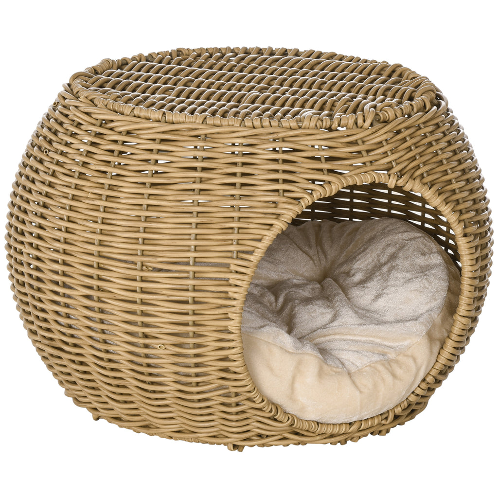 Pintas namelis katėms su 2 aukštais ir pagalvėle, Ø40x30 cm, katėms iki 3,5 kg, šviesiai rudas