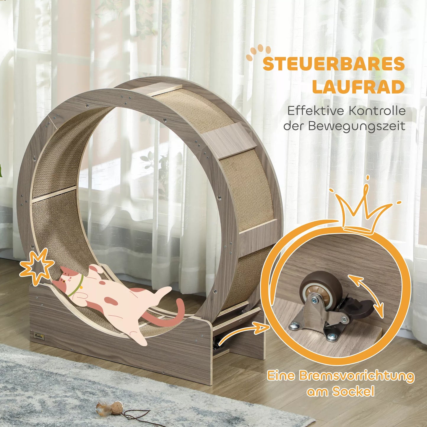 Katės bėgimo ratas, 91 cm, su stabdžiu ir draskykle, sveikam judėjimui, riešuto spalvos