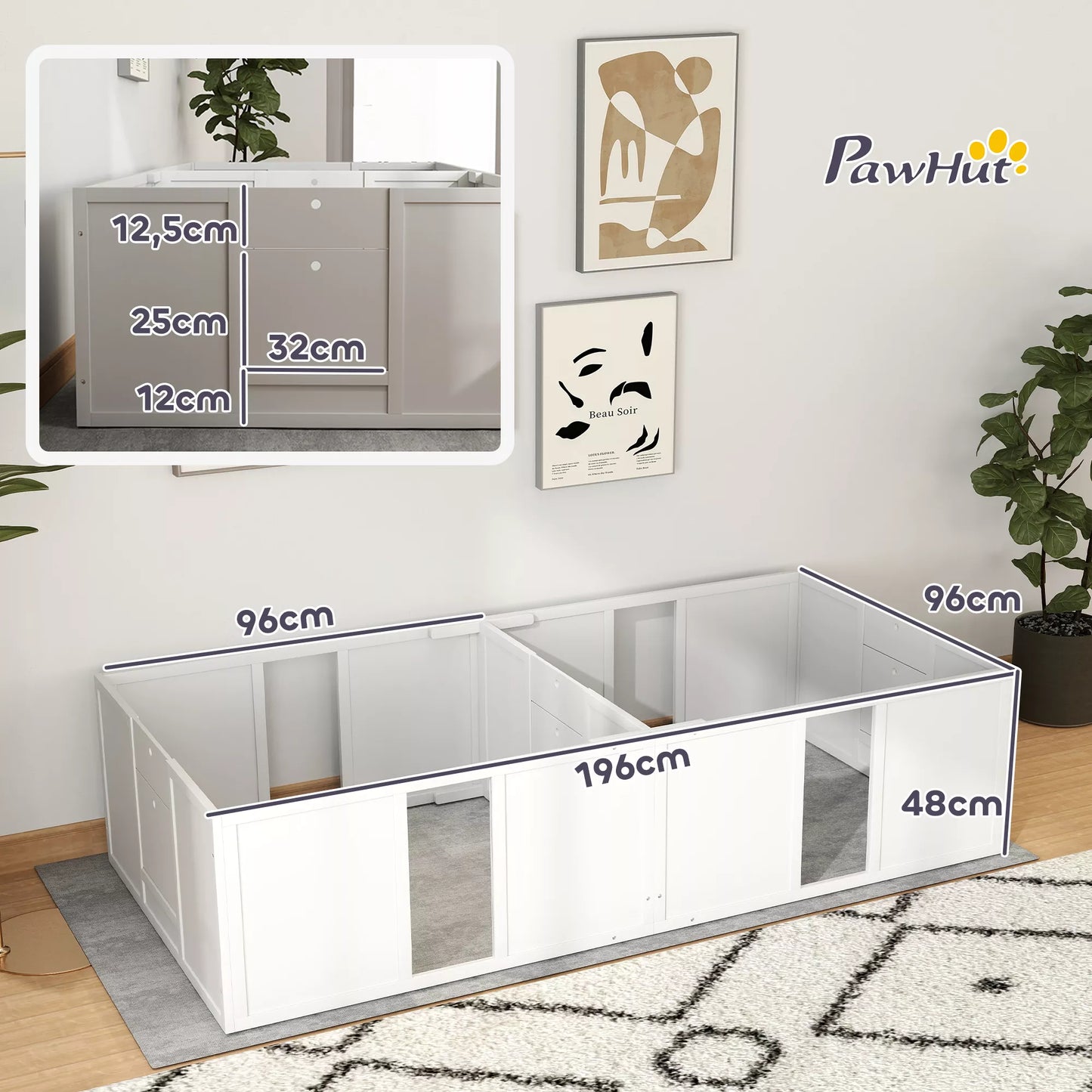 PawHut vaislas būris kucēniem, sadalīts 2 nodalījumos, ar akrila logu, 196 x 96 x 48 cm, balts