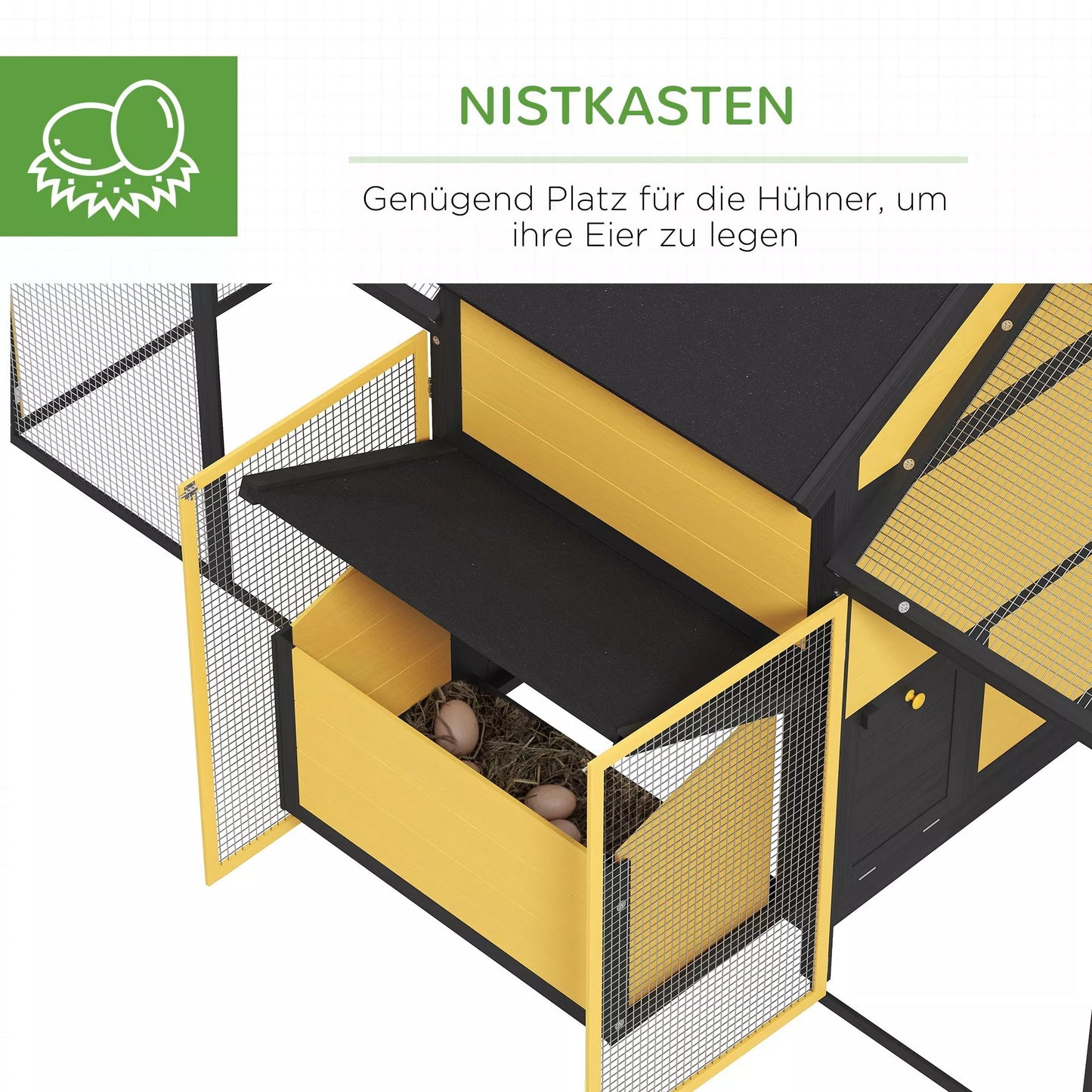 Vištidė smulkių gyvūnų aptvaras, 2 lauko aptvarai, 1 lizdavietė, 2 rampos, asfaltinis stogas, atsparus oro sąlygoms, geltonos spalvos