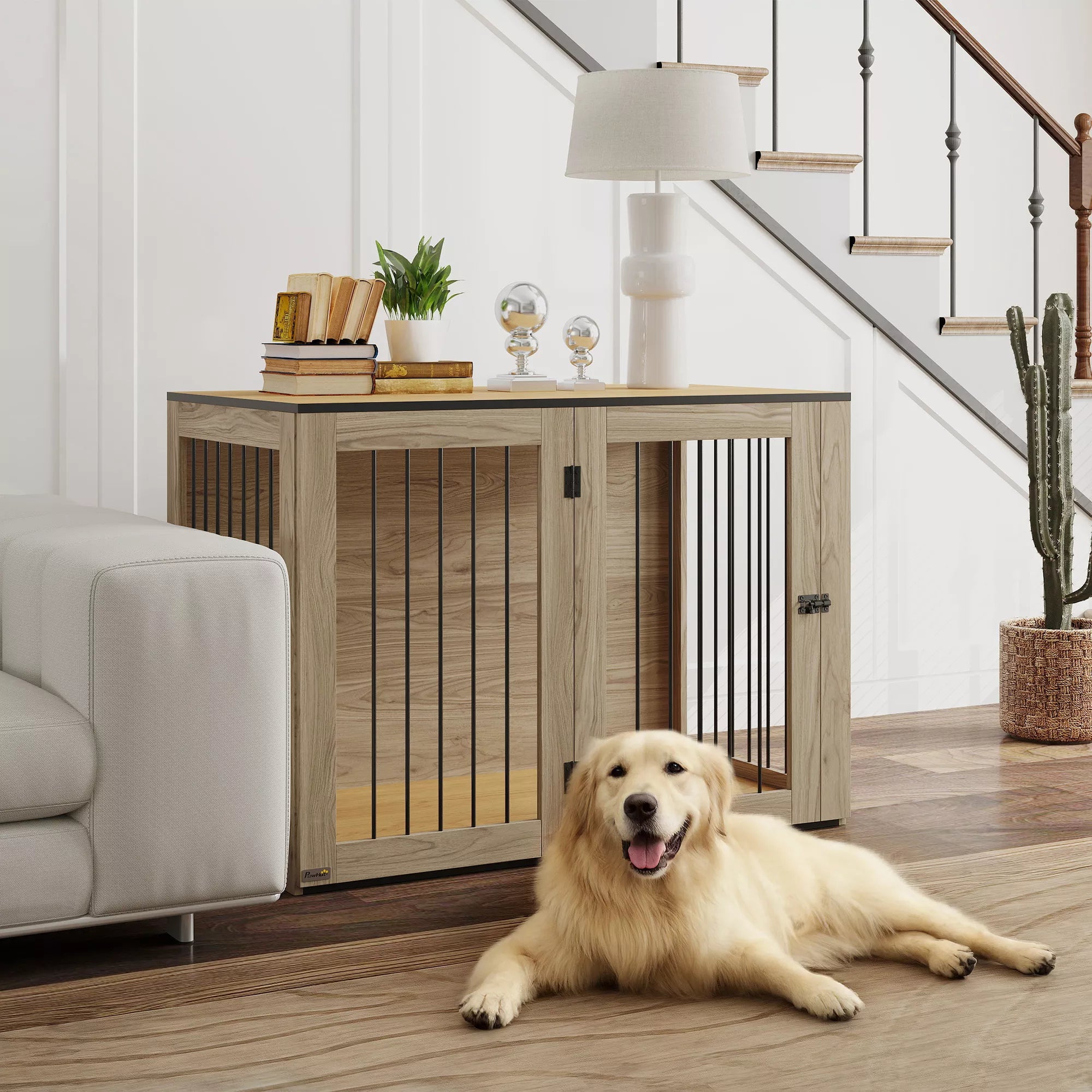 Suņu būris, mājdzīvnieku būris lieliem suņiem, suņu būdas lietošanai iekštelpās, 106 x 60 x 76 cm, ozolkoka krāsā