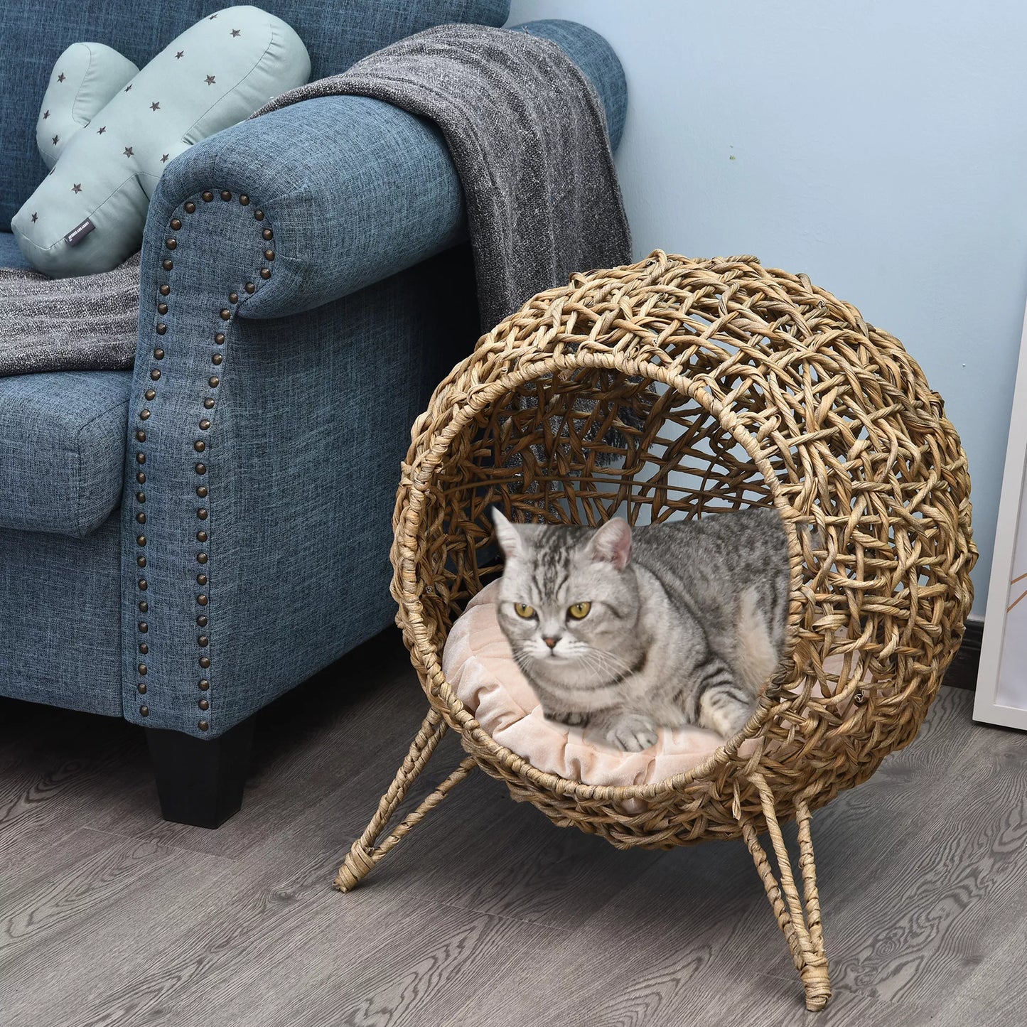 Rattan cat house with cushion, cat sleeping place, cat bed with raised legs, natural, Ø52 x 58 cm
