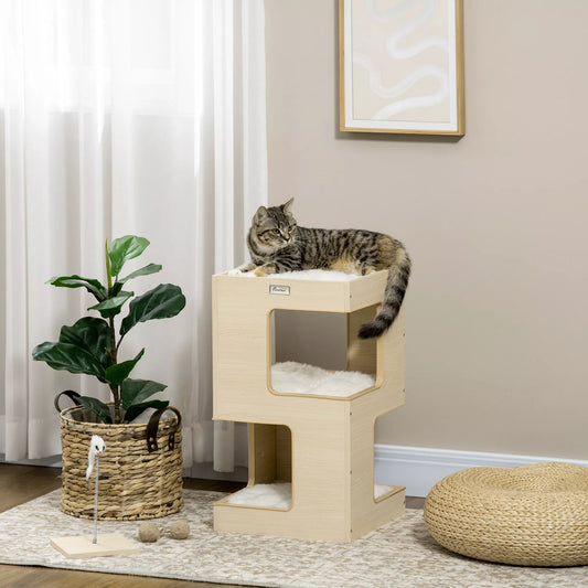 Cat barrel, cat cave, 2 levels, with toy, 34 cm x 34 cm x 60 cm, Natural + Light gray