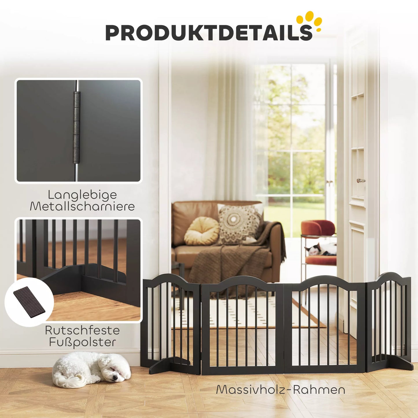 Šunų aptvaro varteliai Laisvai pastatomi apsauginiai varteliai su kojelėmis, Sulankstomi šunų varteliai, 4 panelės, 208 x 29,5 x 61 cm, Juodi