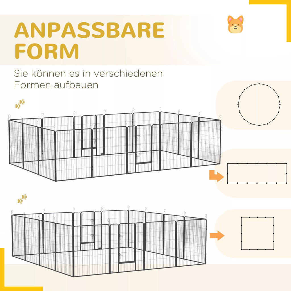 Šuniukų aptvaras, modulinis dizainas, 16 elementų, 2 durys, atsparus oro sąlygoms, plienas, 3,2 x 3,2 x 1 m, pilkas