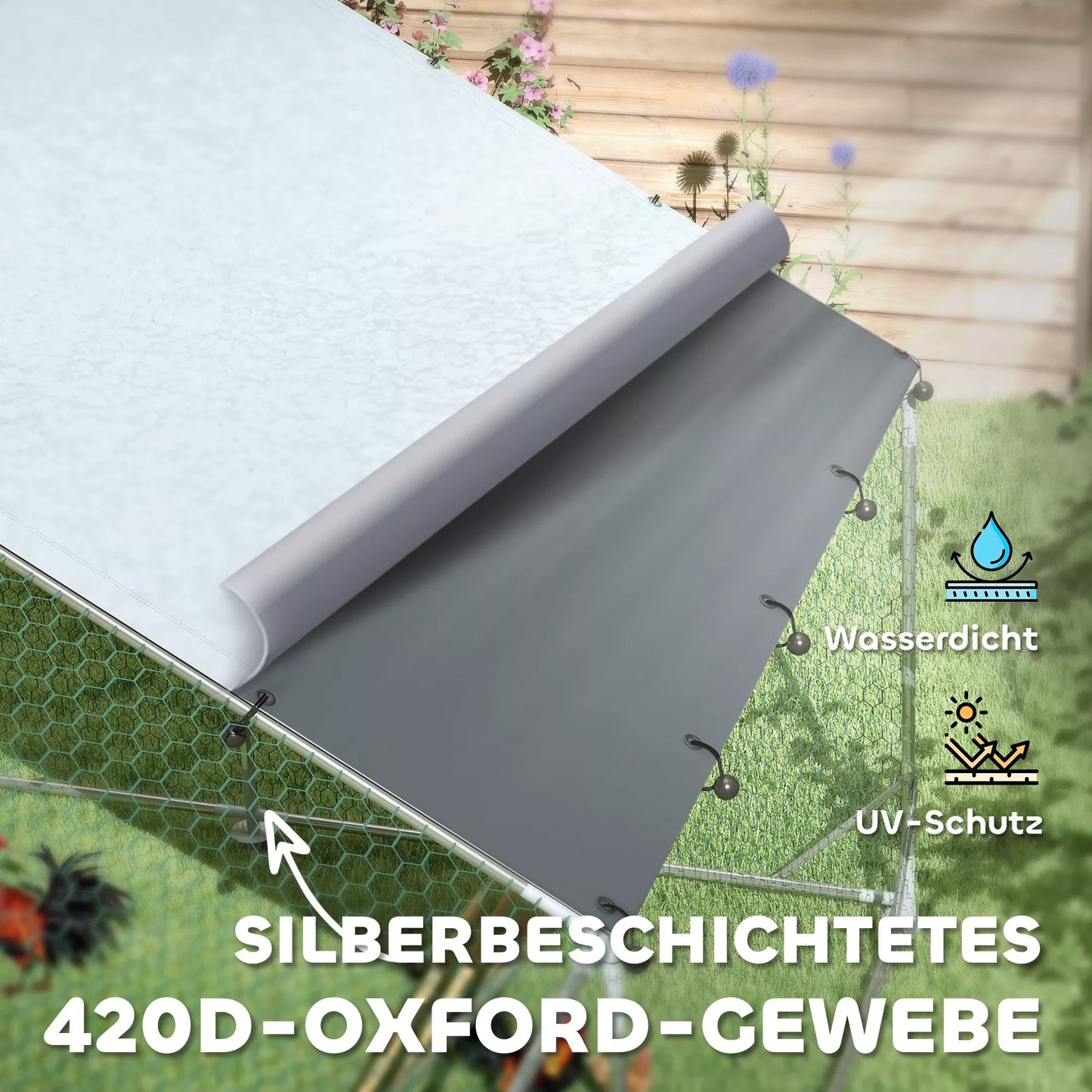 Vištidė, lauko aptvaras vištoms, su UV spinduliams atspariu tentu, plieninėmis grotelėmis, automatiniu lesintuvu, skirta 12-18 vištų