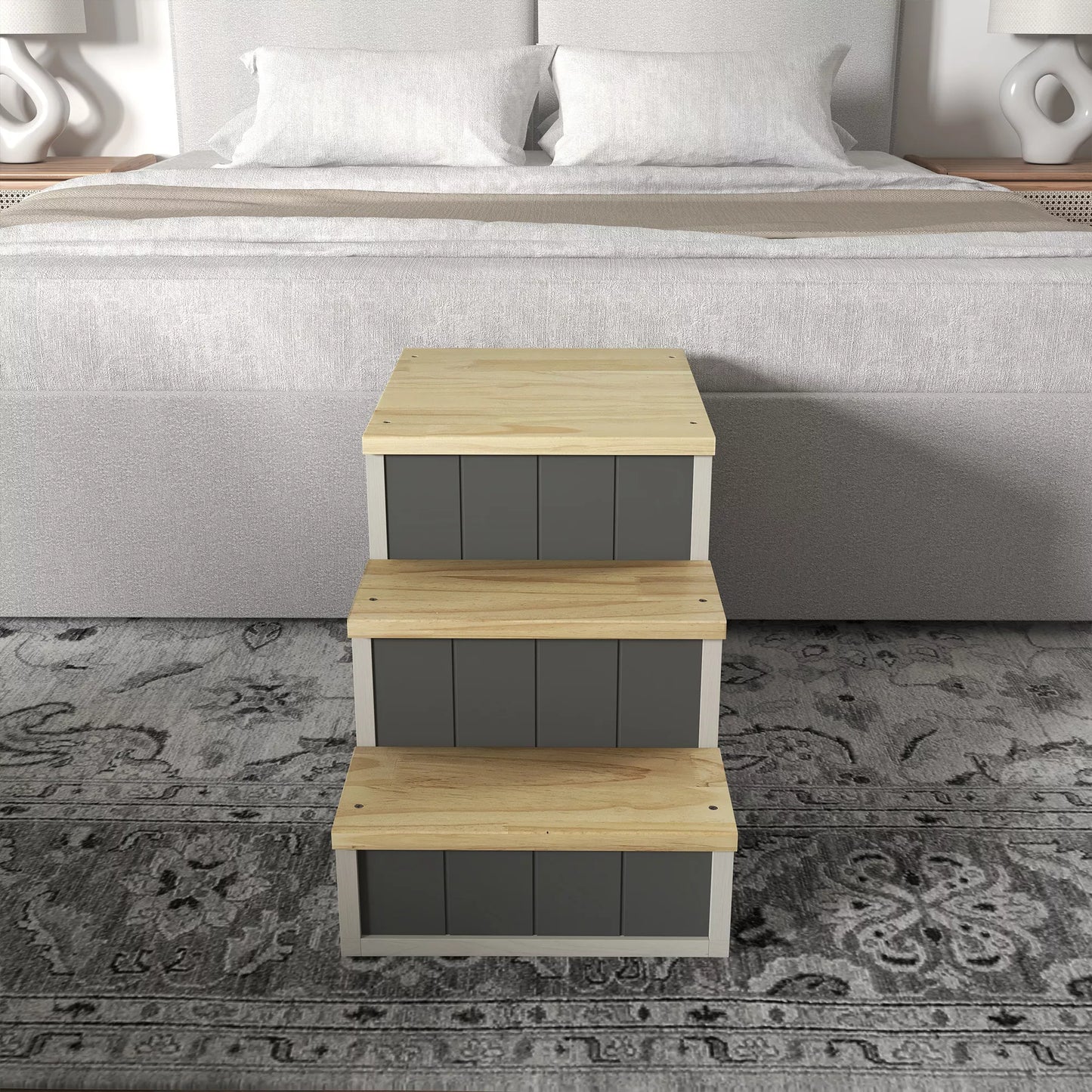 Laipsniai augintiniams, 3 pakopos, pušies mediena, 79 cm x 38,5 cm x 45 cm, natūralios spalvos + balta