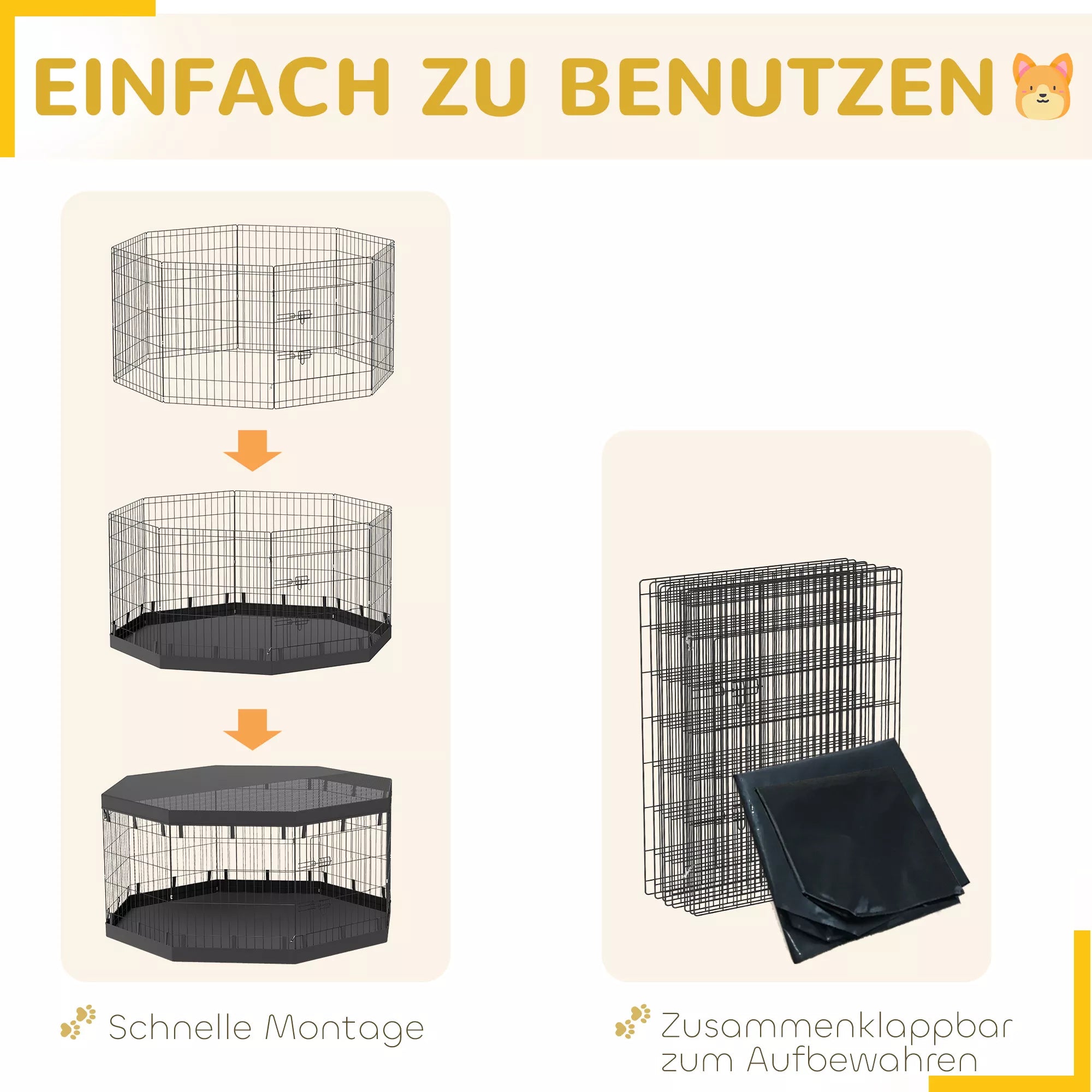 Kucēnu aploks, 76 cm augsts / ~2,5 m², 8 paneļi, grīdas segums, kombinēts jumts