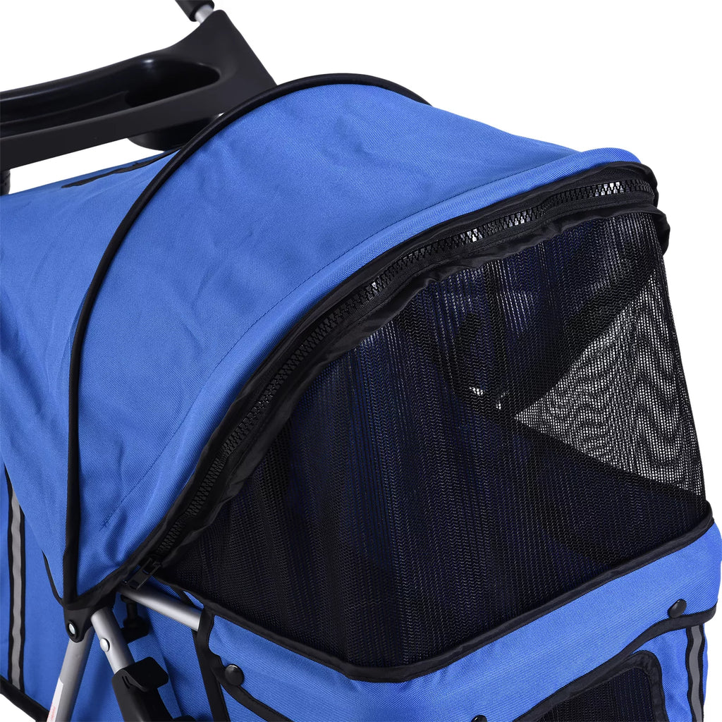 Salokāmi suņu ratiņi līdz 10 kg, ar regulējamu jumtiņu, 2 krūzīšu turētājiem un apakšējo trauku, zili