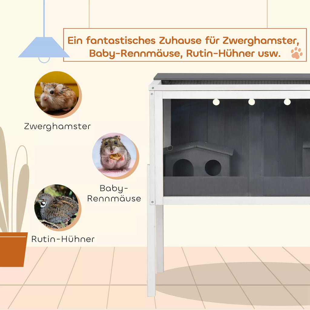 Hamsterio narvas, 3000 cm² nykštukinių žiurkėnų narvas iš medžio ir metalo, su 2 nameliais, akrilo stumdomomis durimis, stabilus, saugus, Pilka+Balta