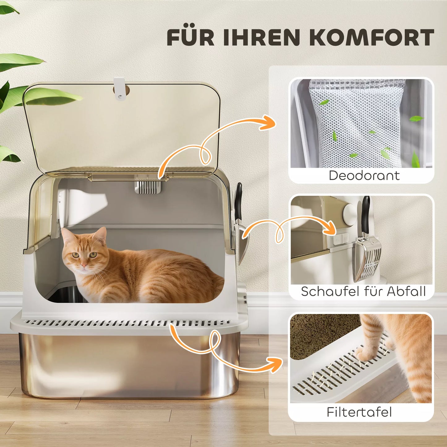 Nerūdijančio plieno kačių tualetas su atverčiamu dangčiu ir samteliu (iki 12 kg) XXL