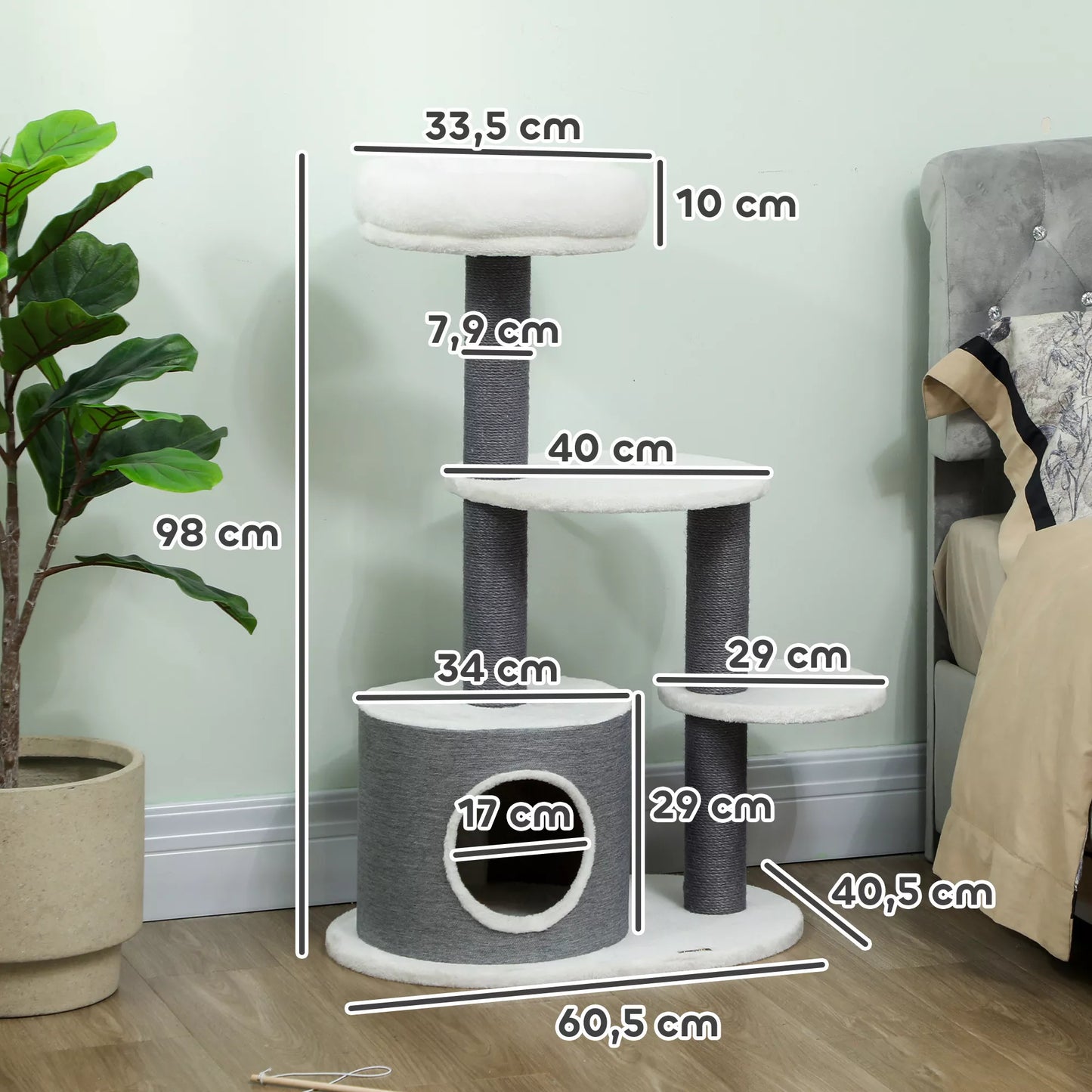Katės medis su 1 katės urveliu, 1 katės guoliu, 2 platformomis, jutinės virvės stulpais, balta + pilka