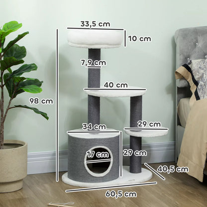 Katės medis su 1 katės urveliu, 1 katės guoliu, 2 platformomis, jutinės virvės stulpais, balta + pilka