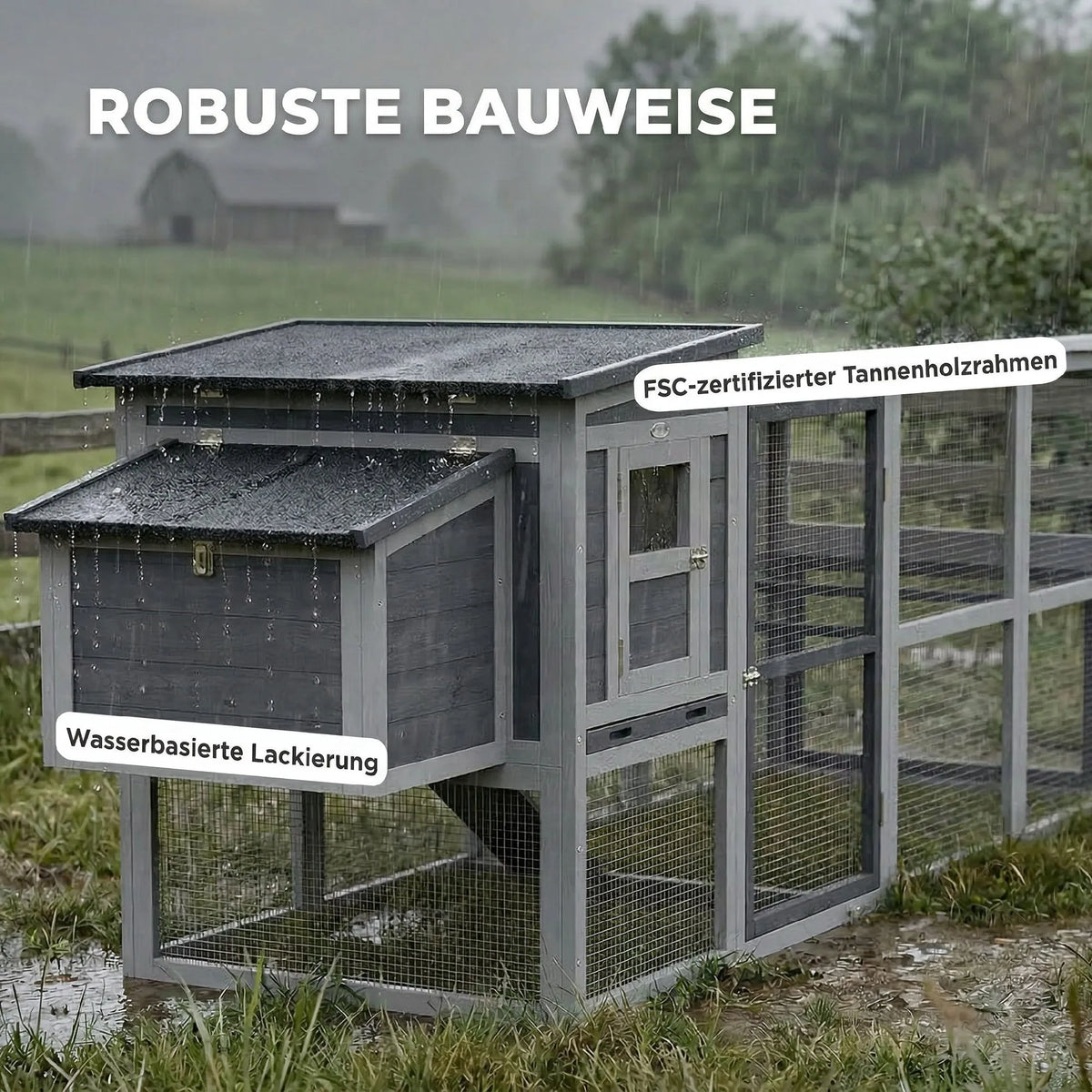 Vištidė su aptvaru ir lizdu, 3–4 vištoms, 264 x 82 x 89 cm, pilka