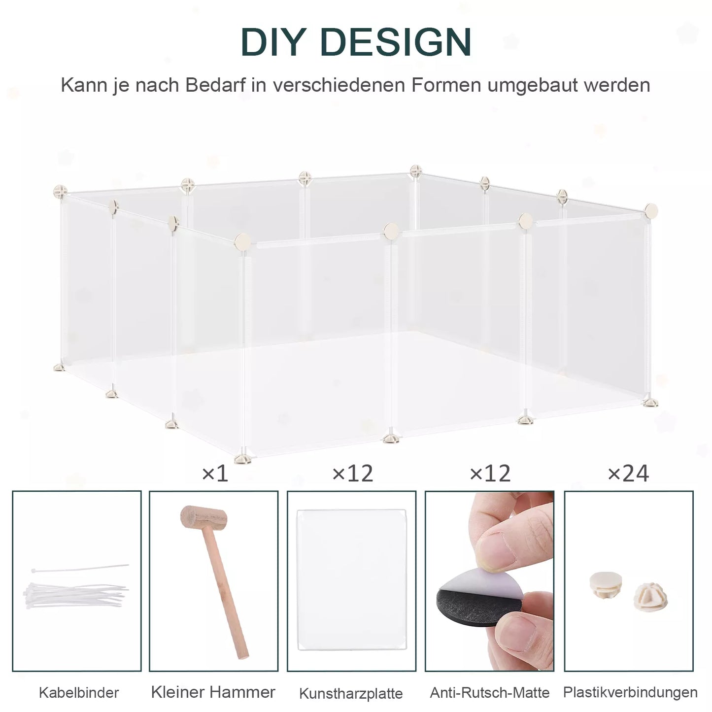 Lauko aptvaras, žaidimų aptvaras, PASIDARYK PATS, grotelių aptvaras, atitvaras smulkiems gyvūnėliams, vidaus aptvaras, 12 skydelių, baltas, metalas, PP derva, 105 x 105 x 45 cm