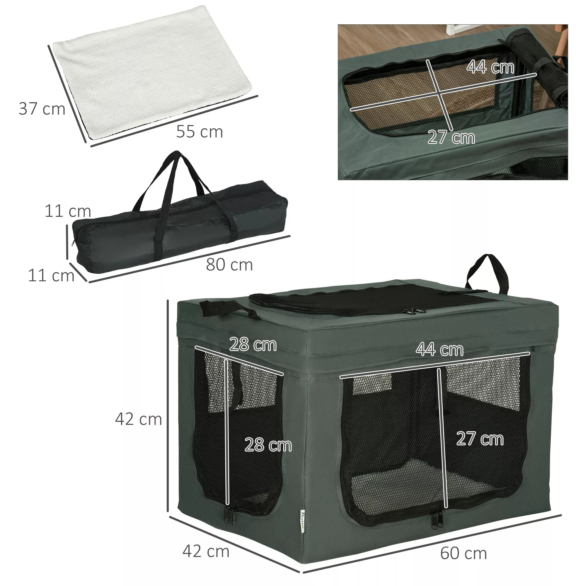 Transportavimo dėžė, sulankstoma, 3 įėjimai, vidinis pagalvėlė, skirta šunims ir katėms iki 4 kg/40 cm, pilka