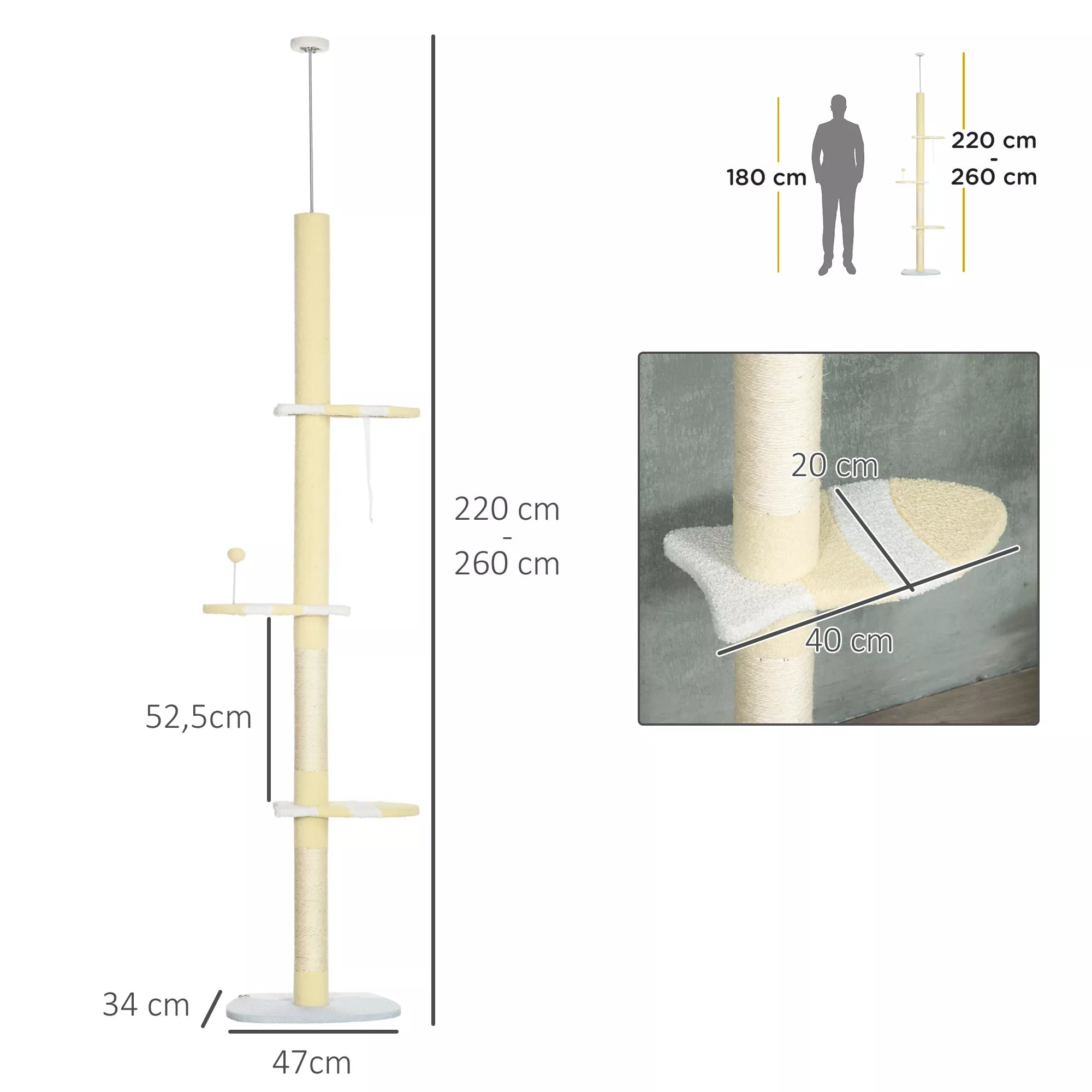 Kaķu mājiņa ar regulējamu augstumu, neslīdoša, ar sizala virvēm pārklātiem stabiem, augstums 220–260 cm, platums 47 cm, dziļums 34 cm, dzeltena/balta/zila