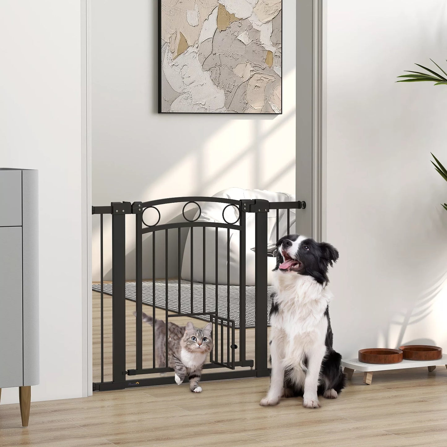 Mājdzīvnieku vārtiņi, 77 cm Kāpņu vārtiņi, regulējams platums 76-104 cm, ar kaķu durvīm, kāpnēm un durvju ailēm, melni