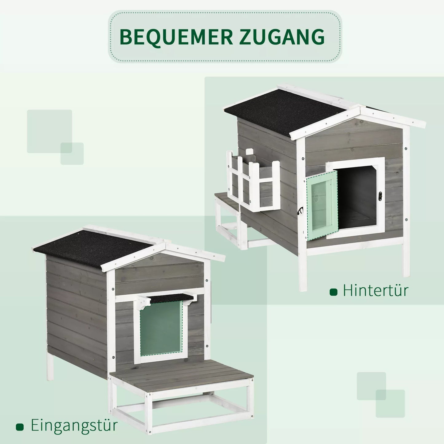 Medinis kačių namelis su terasa ir bituminiu stogu, lauko namas katėms, 115x66,5x74,7 cm, pilkas/baltas