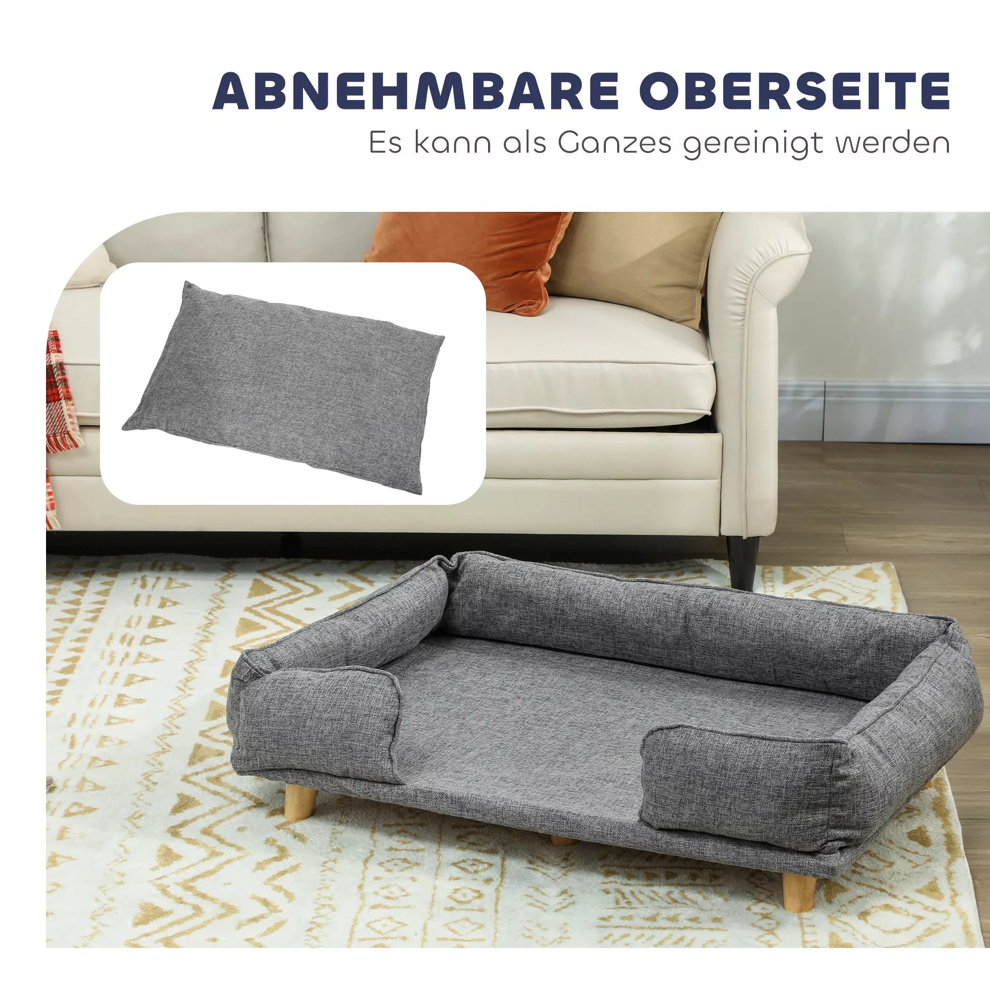 Šunų sofa, naminių gyvūnėlių sofa, naminių gyvūnėlių lova, nuimamas ir skalbiamas čiužinys, Natūralus + Tamsiai pilkas