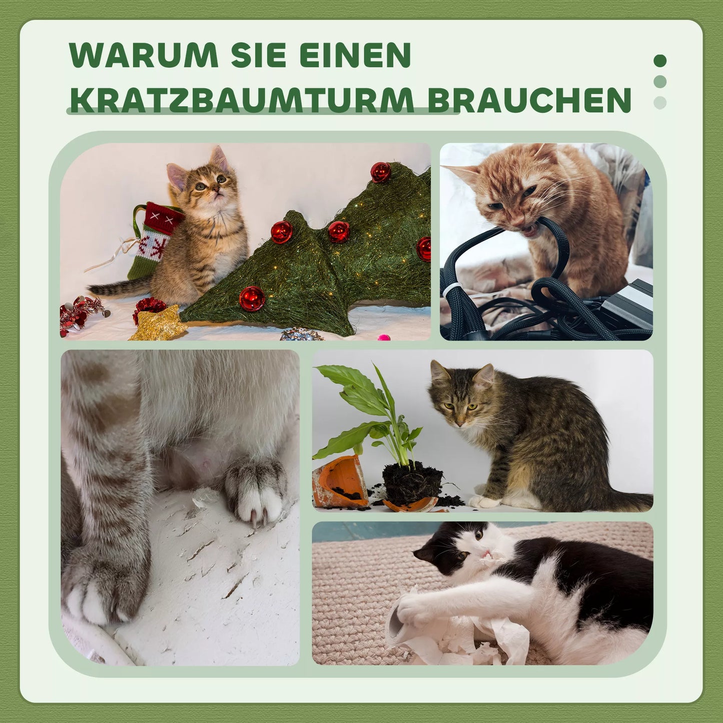 Kačių medis 91cm, žaidimų medis su kačių lova, platforma iš avies vilnos, žalias