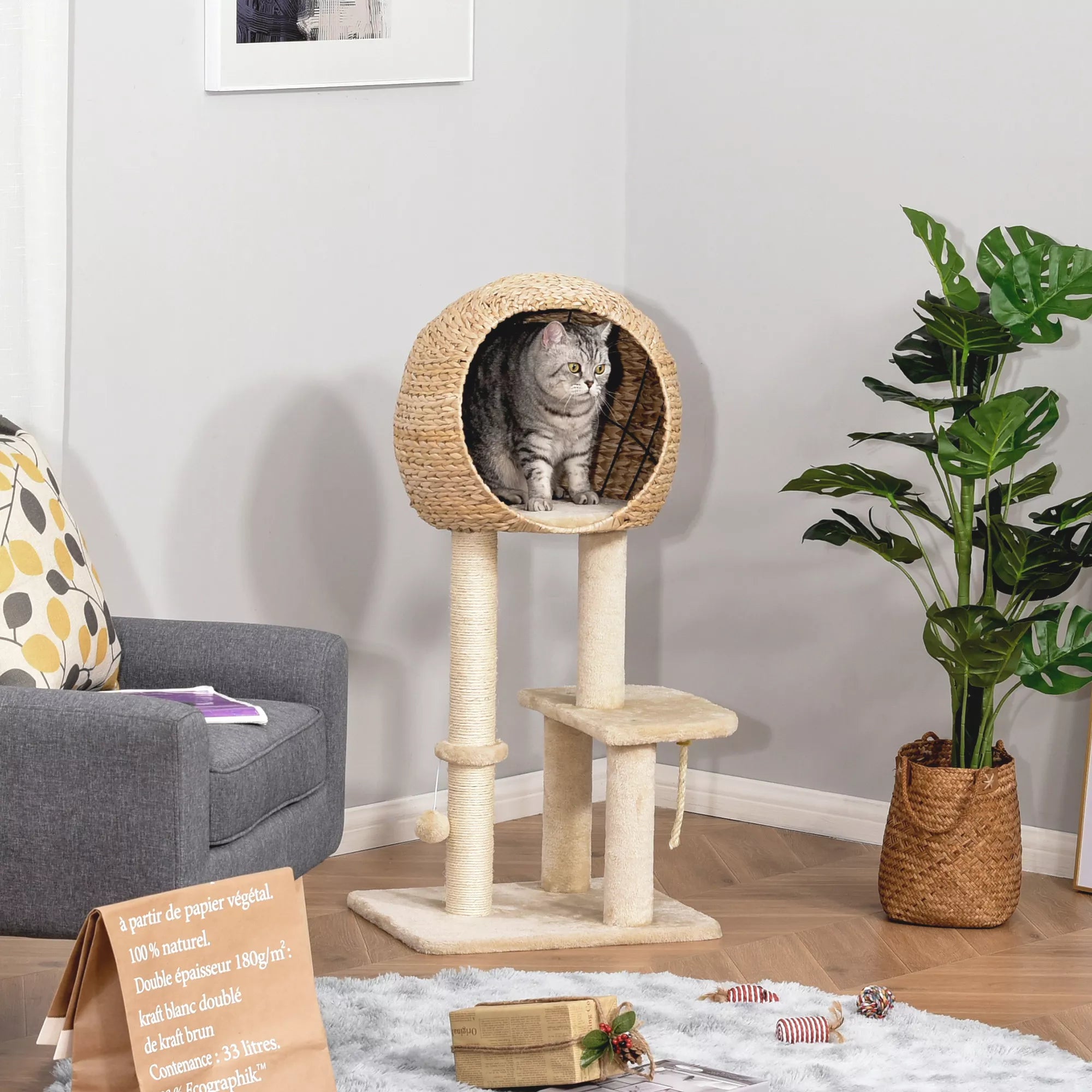Kaķu māja 100 cm, kaķu tornis ar alu, rotaļu bumba, sizala stabi, platforma, daudzstāvu kaķu skrāpēšanas koks, kāpšanas koks, vidēja lieluma kaķiem, bēša