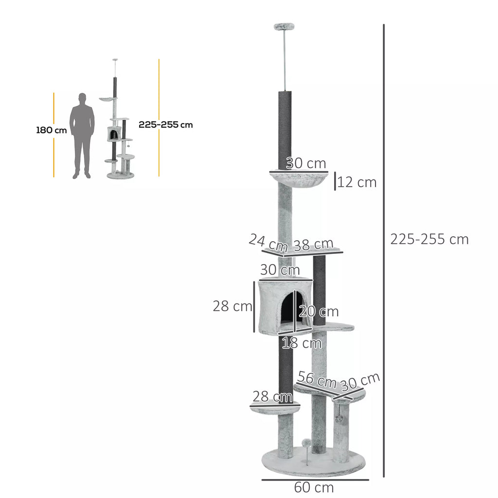 Kaķu māja ar griestu spriegumu, šūpuļtīkls, mājiņa, platformas, rotaļlieta, 225-255cm, pelēka